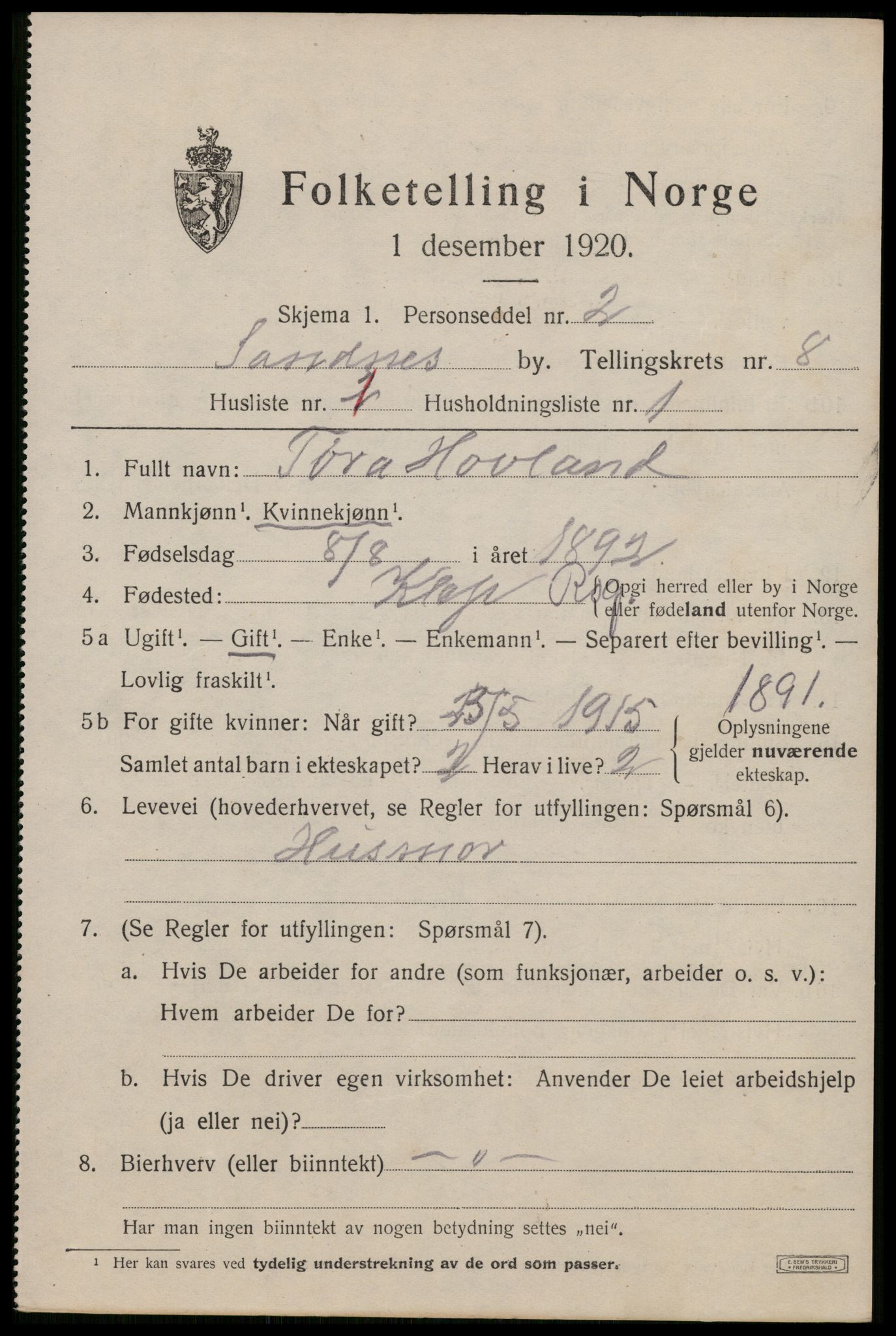 SAST, Folketelling 1920 for 1102 Sandnes ladested, 1920, s. 5792