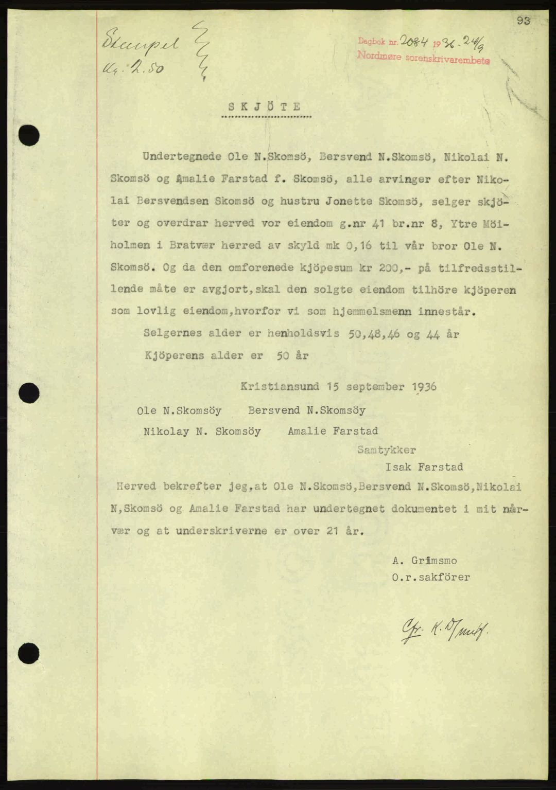 Nordmøre sorenskriveri, SAT/A-4132/1/2/2Ca: Pantebok nr. A80, 1936-1937, Dagboknr: 2084/1936