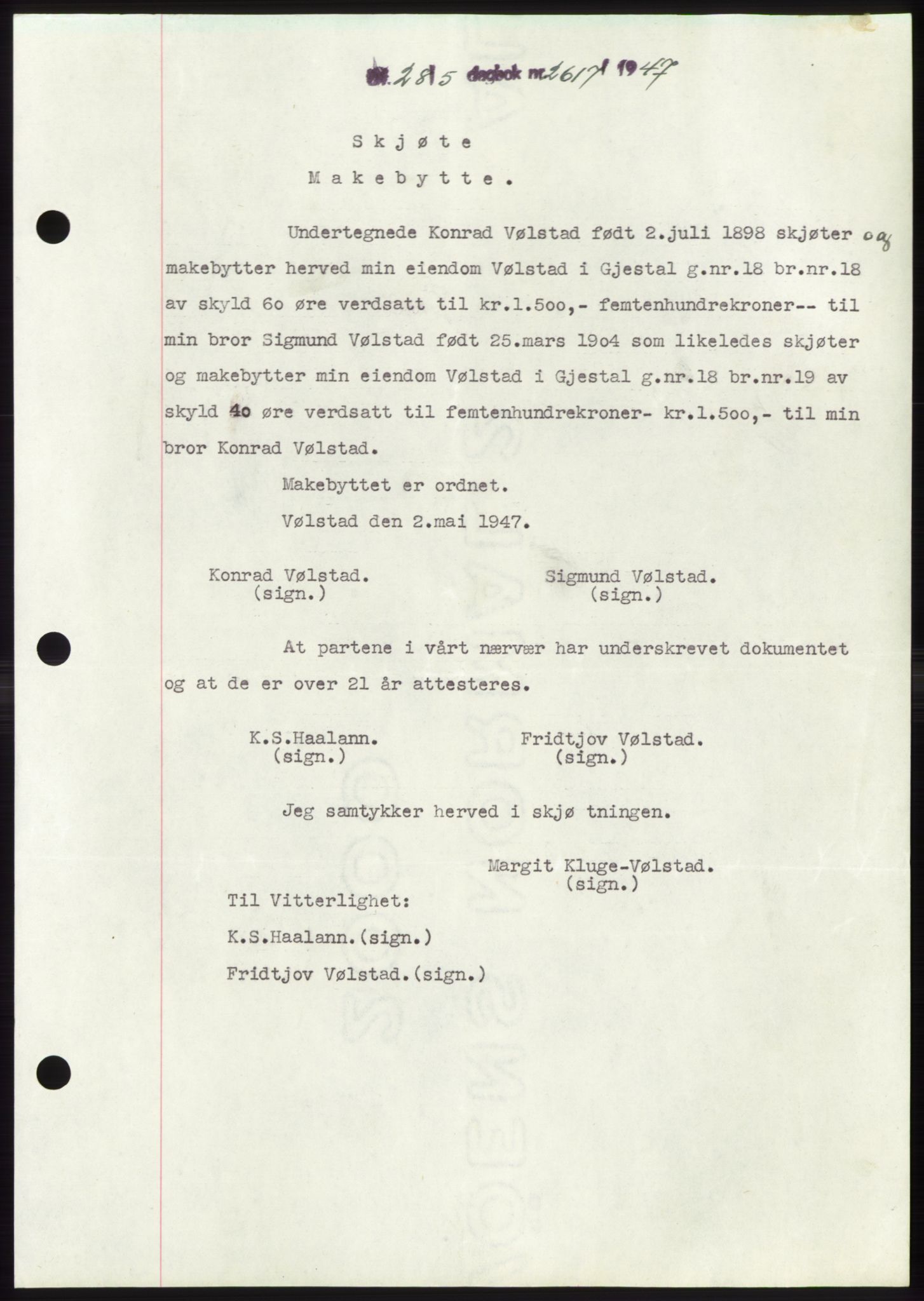Jæren sorenskriveri, SAST/A-100310/03/G/Gba/L0094: Pantebok, 1947-1947, Dagboknr: 2617/1947