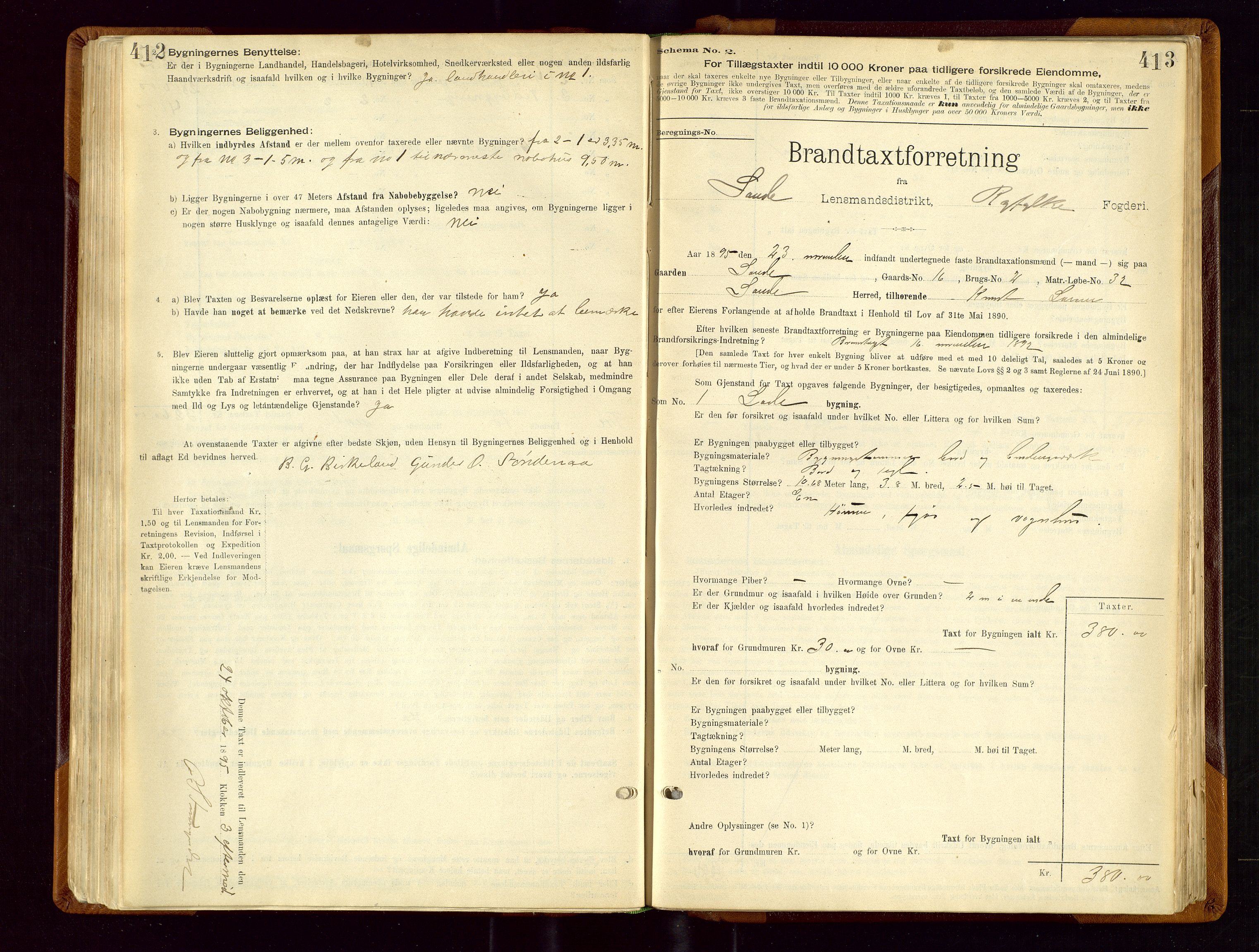 Sauda lensmannskontor, SAST/A-100177/Gob/L0001: Branntakstprotokoll - skjematakst, 1894-1914, s. 412-413