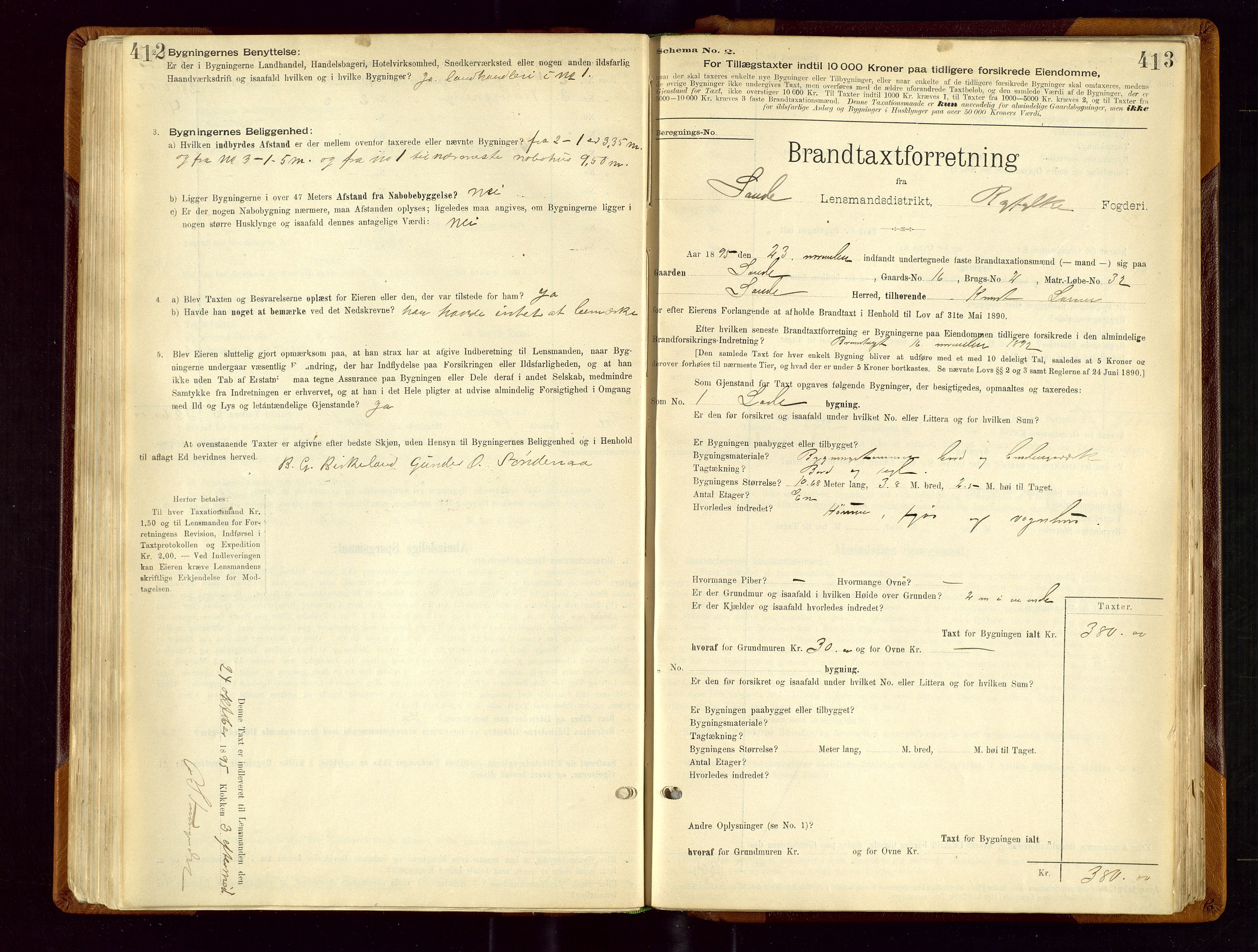 Sauda lensmannskontor, AV/SAST-A-100177/Gob/L0001: Branntakstprotokoll - skjematakst, 1894-1914, s. 412-413