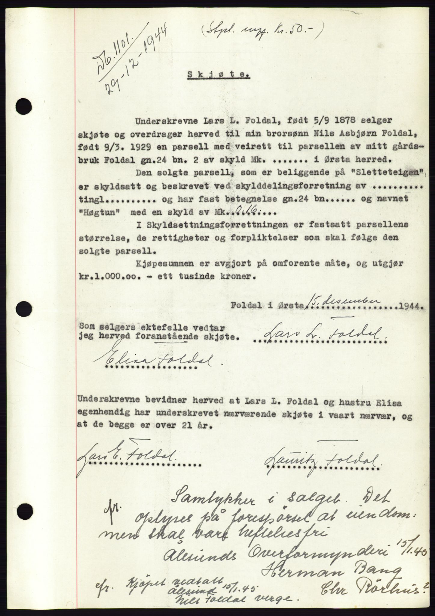 Søre Sunnmøre sorenskriveri, SAT/A-4122/1/2/2C/L0076: Pantebok nr. 2A, 1943-1944, Dagboknr: 1101/1944