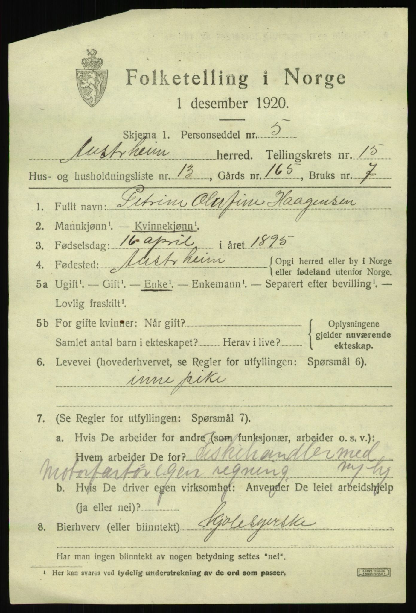 SAB, Folketelling 1920 for 1264 Austrheim herred, 1920, s. 5098