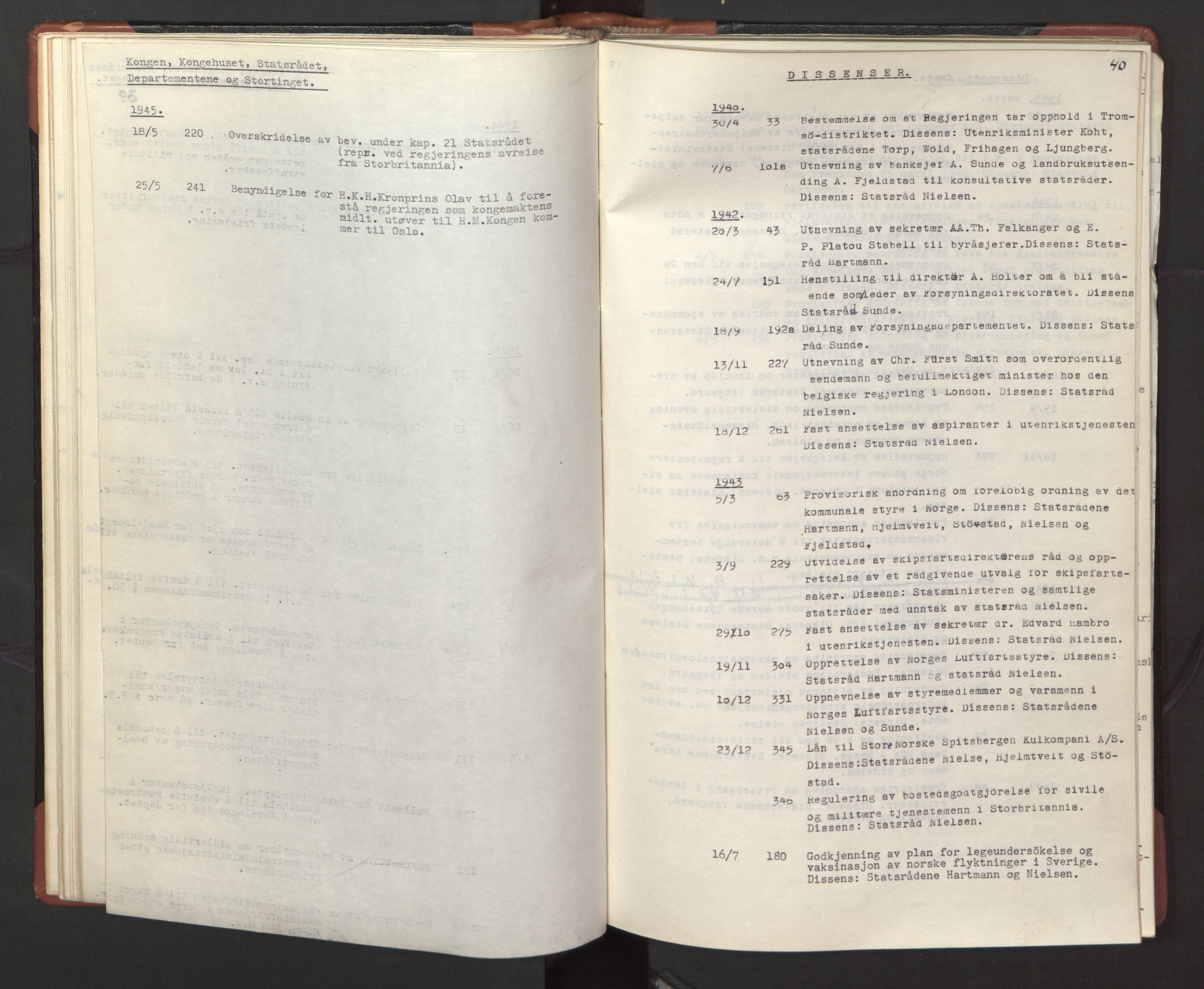Statsrådssekretariatet, AV/RA-S-1001/A/Ac/L0127: Register 9/4-25/5, 1940-1945, s. 45