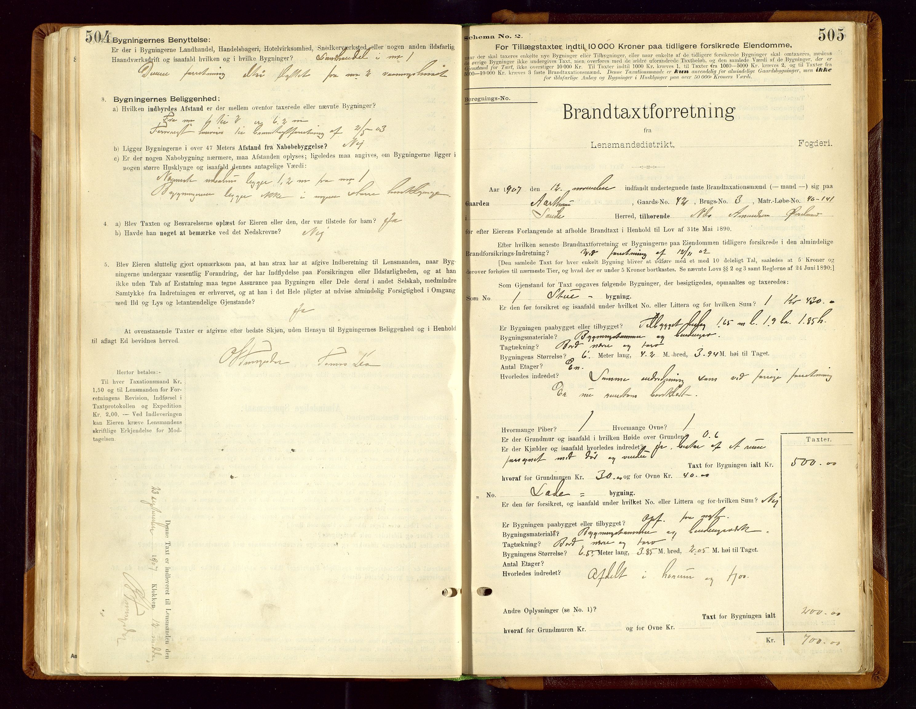 Sauda lensmannskontor, AV/SAST-A-100177/Gob/L0001: Branntakstprotokoll - skjematakst, 1894-1914, s. 504-505