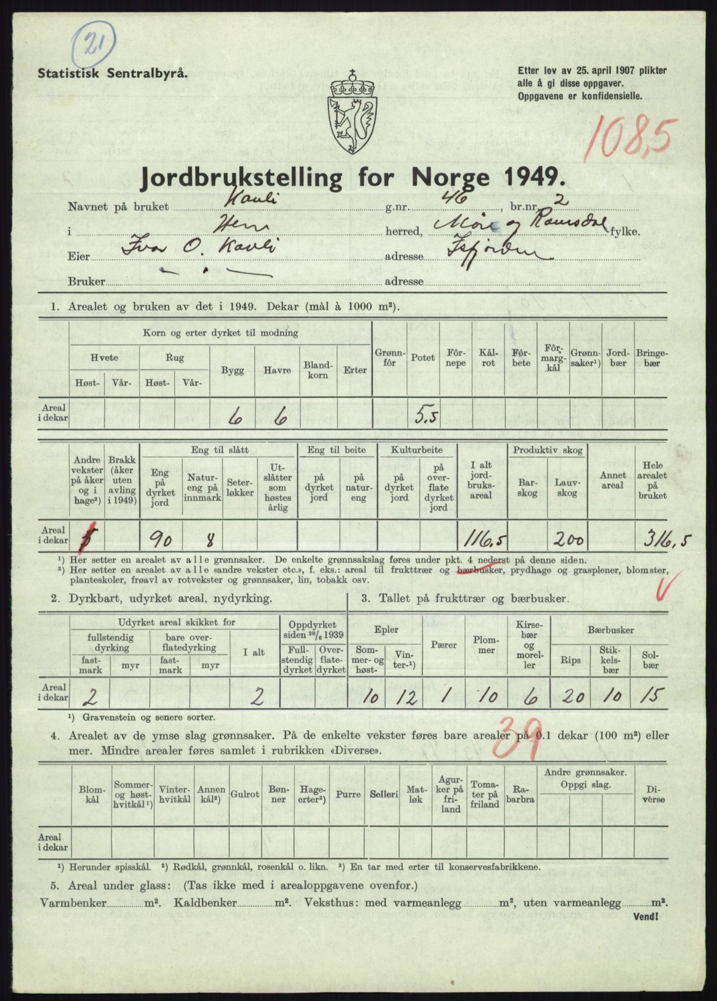 Statistisk sentralbyrå, Næringsøkonomiske emner, Jordbruk, skogbruk, jakt, fiske og fangst, AV/RA-S-2234/G/Gc/L0323: Møre og Romsdal: Grytten og Hen, 1949, s. 857