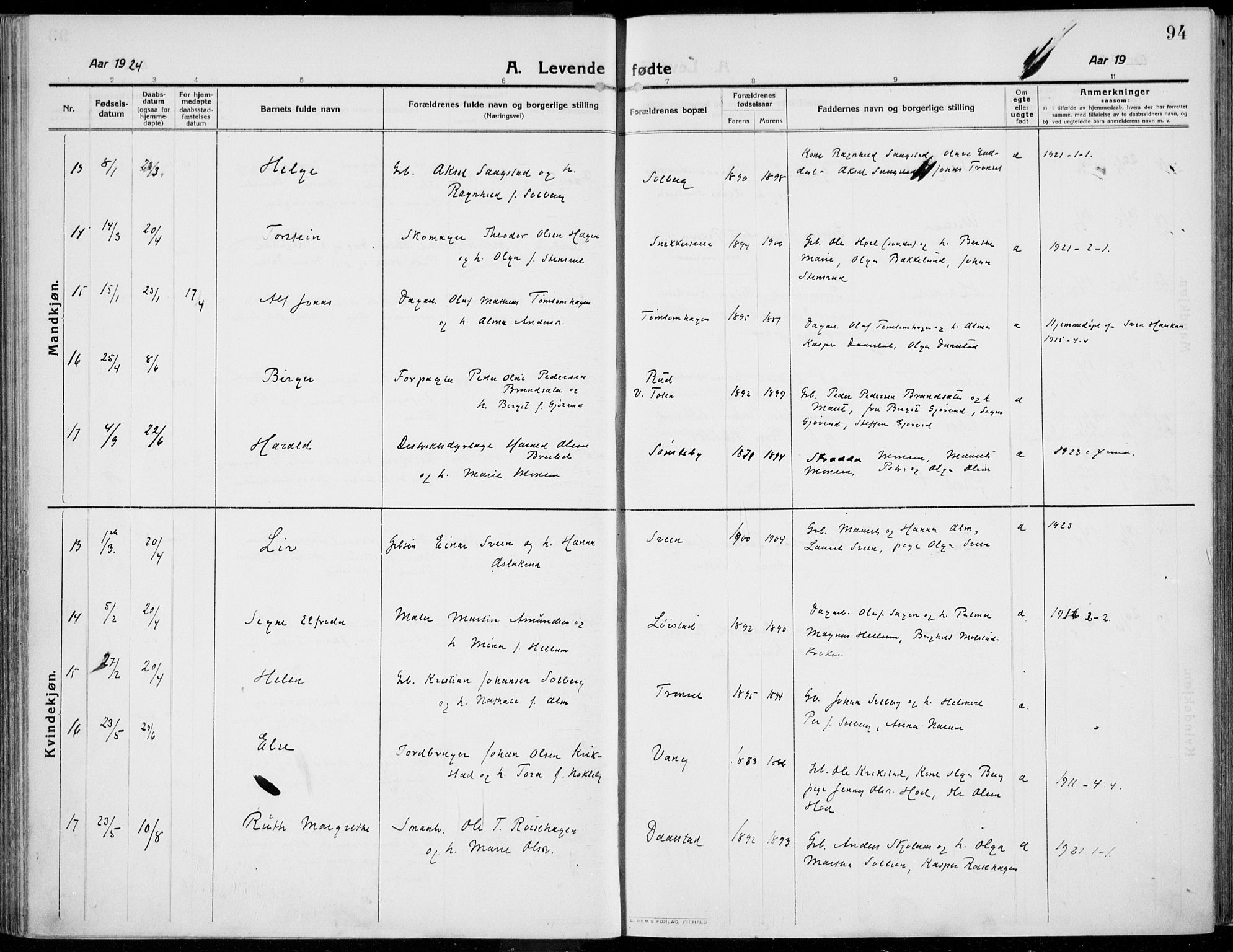 Kolbu prestekontor, AV/SAH-PREST-110/H/Ha/Haa/L0002: Ministerialbok nr. 2, 1912-1926, s. 94