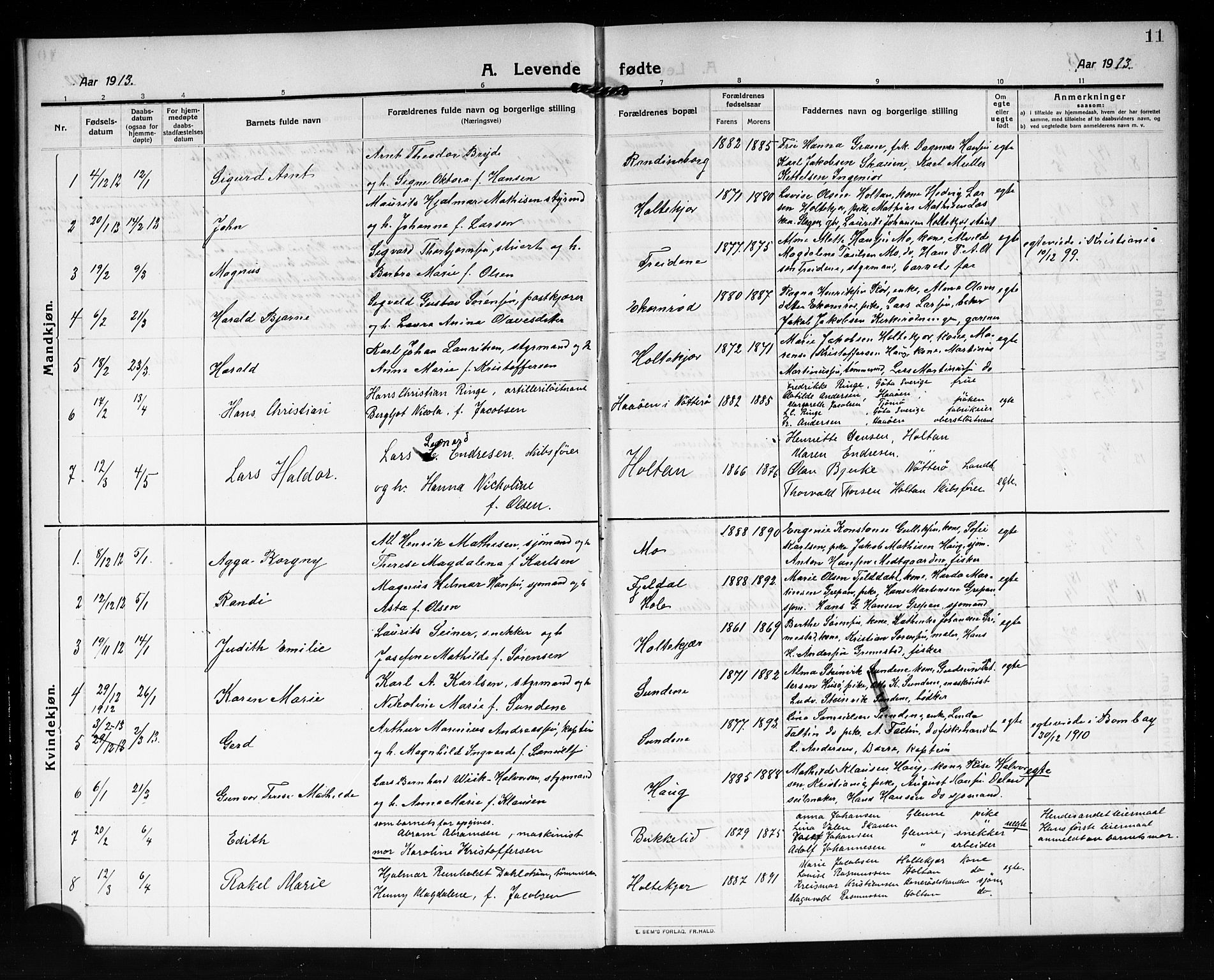 Tjøme kirkebøker, AV/SAKO-A-328/G/Ga/L0002: Klokkerbok nr. I 2, 1911-1920, s. 11