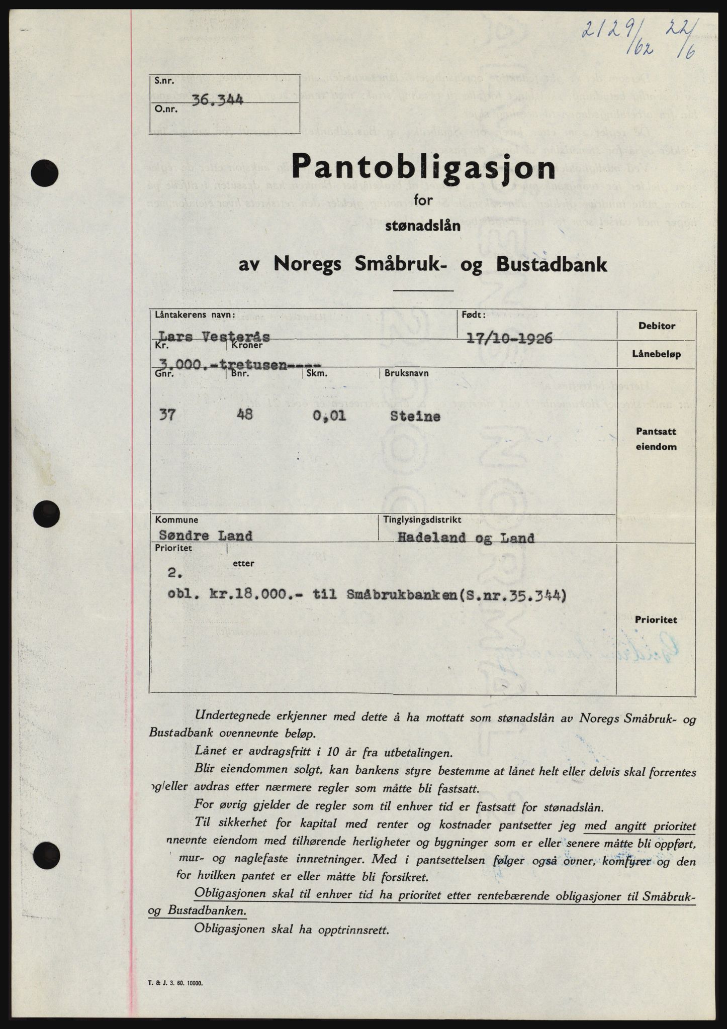 Hadeland og Land tingrett, SAH/TING-010/H/Hb/Hbc/L0048: Pantebok nr. B48, 1962-1962, Dagboknr: 2129/1962