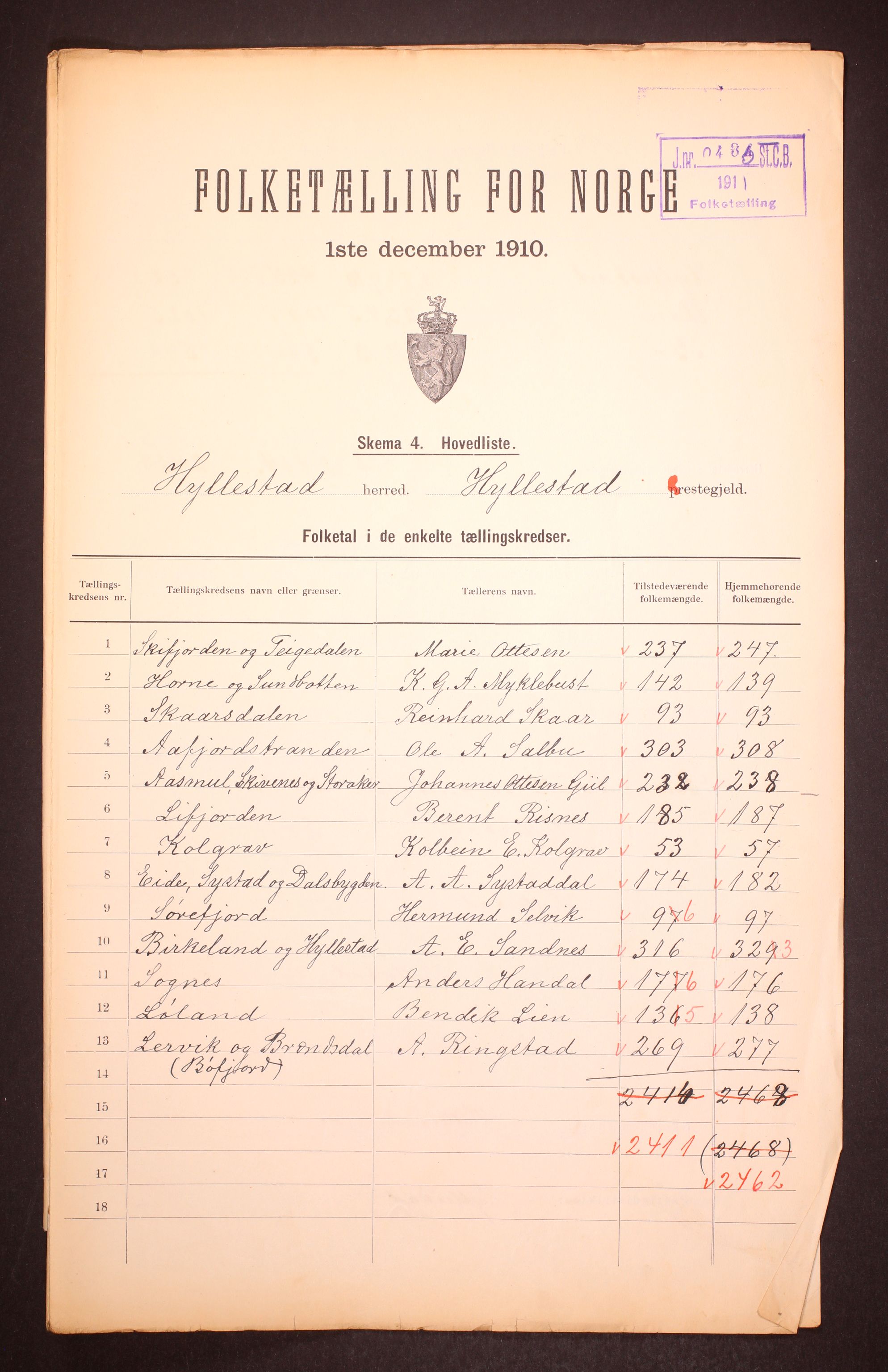 RA, Folketelling 1910 for 1413 Hyllestad herred, 1910, s. 2