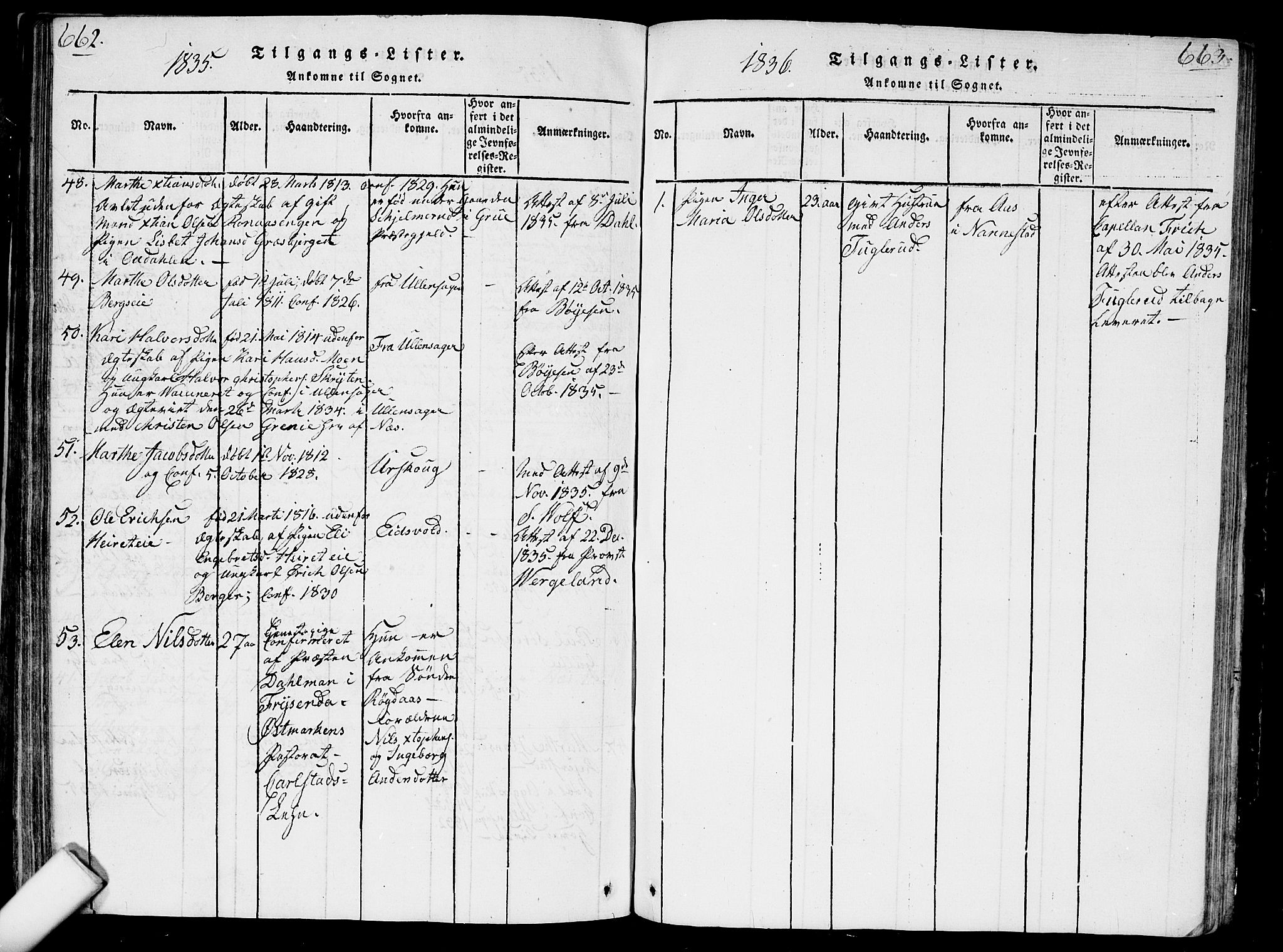 Nes prestekontor Kirkebøker, AV/SAO-A-10410/G/Ga/L0001: Klokkerbok nr. I 1, 1815-1835, s. 662-663