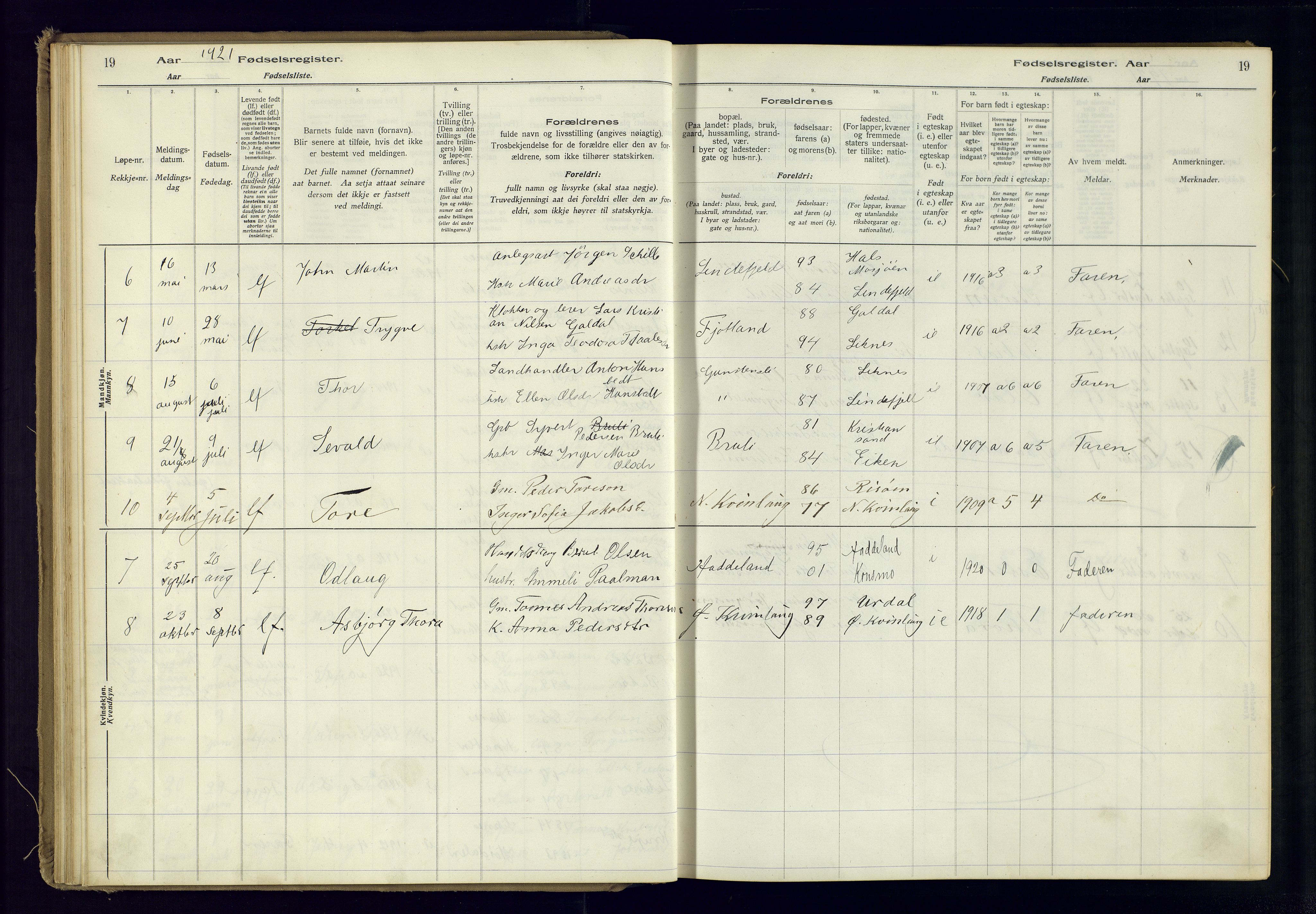 Fjotland sokneprestkontor, AV/SAK-1111-0010/J/Ja/L0001: Fødselsregister nr. 1, 1916-1981, s. 19