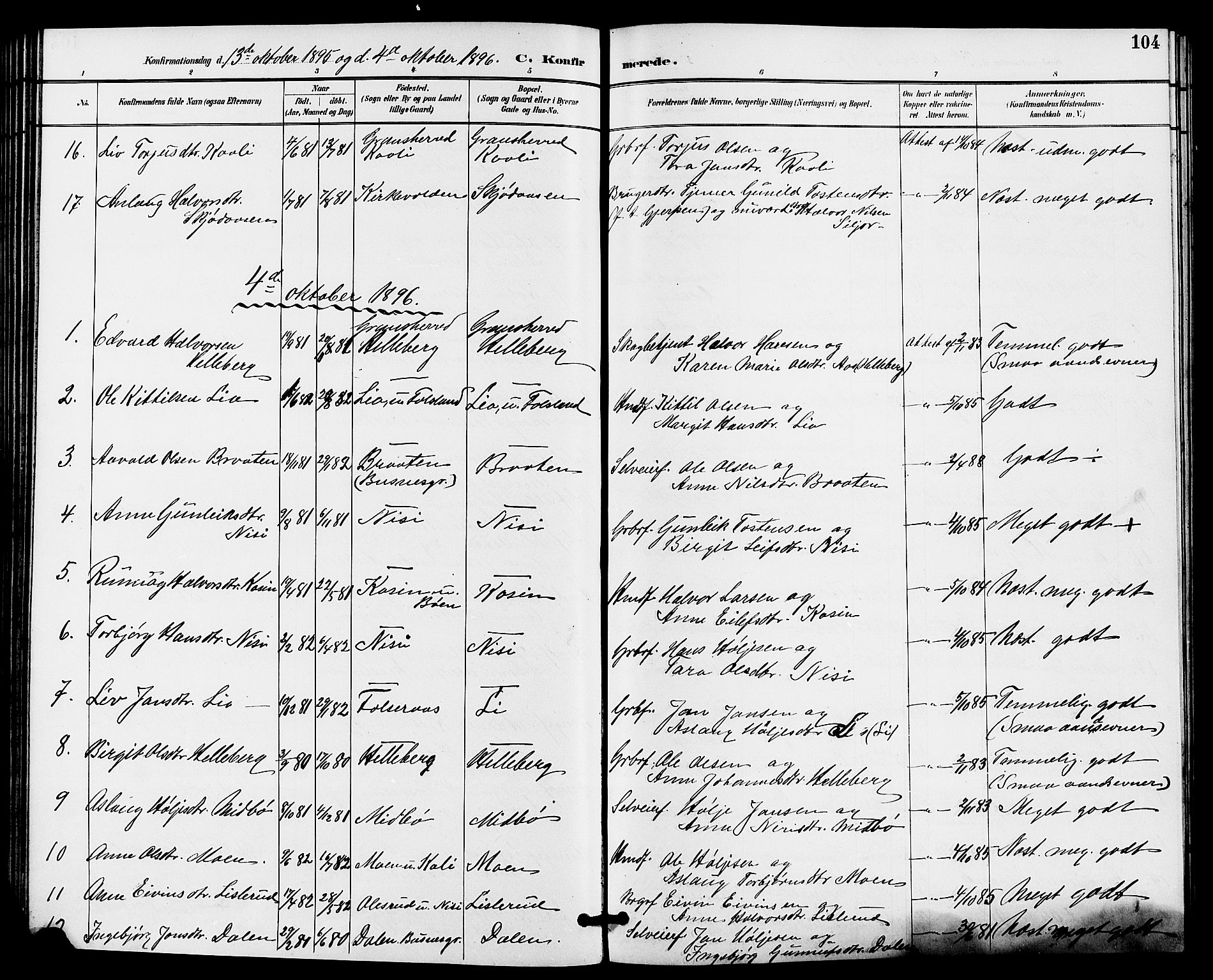 Gransherad kirkebøker, AV/SAKO-A-267/G/Ga/L0003: Klokkerbok nr. I 3, 1887-1915, s. 104