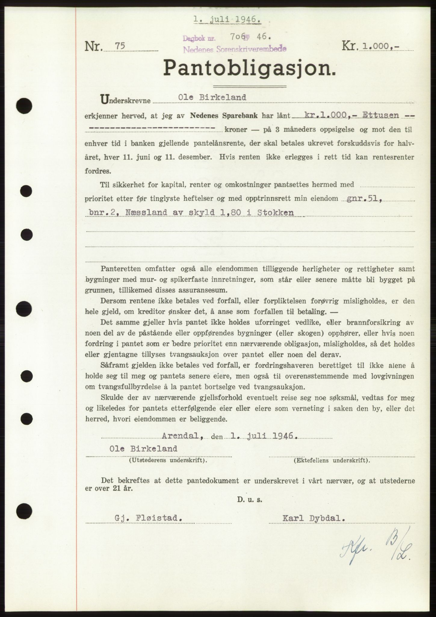 Nedenes sorenskriveri, SAK/1221-0006/G/Gb/Gbb/L0003: Pantebok nr. B3b, 1946-1946, Dagboknr: 706/1946