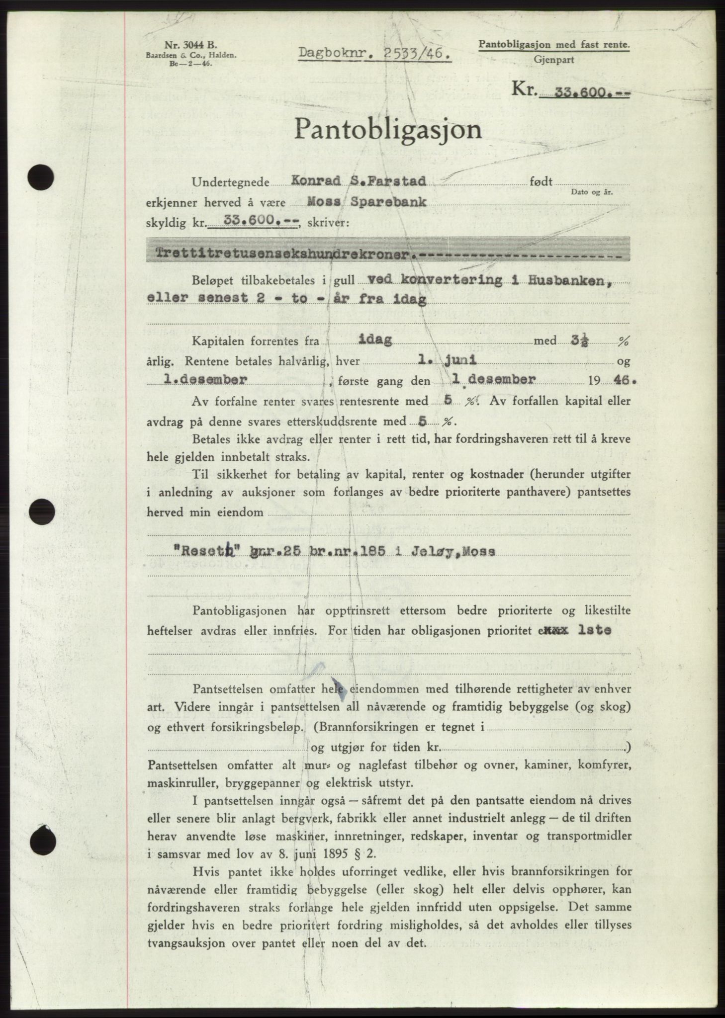 Moss sorenskriveri, SAO/A-10168: Pantebok nr. B16, 1946-1947, Dagboknr: 2533/1946