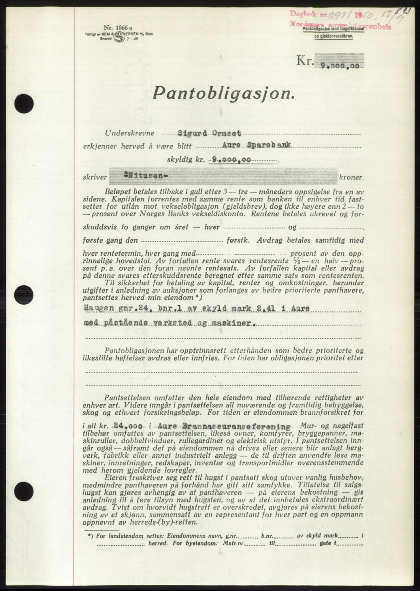 Nordmøre sorenskriveri, AV/SAT-A-4132/1/2/2Ca: Pantebok nr. B105, 1950-1950, Dagboknr: 2938/1950