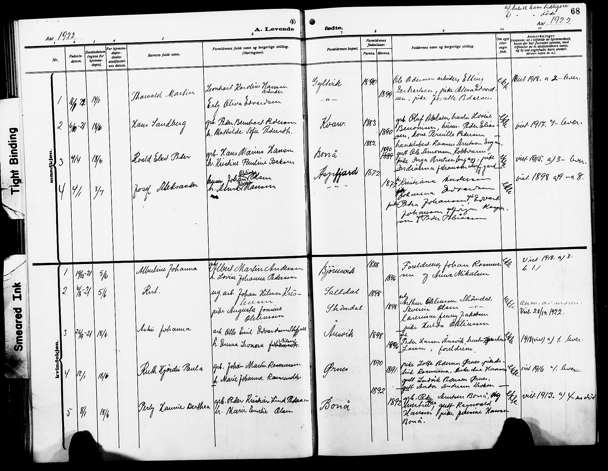 Ministerialprotokoller, klokkerbøker og fødselsregistre - Nordland, SAT/A-1459/854/L0787: Klokkerbok nr. 854C03, 1913-1926, s. 68