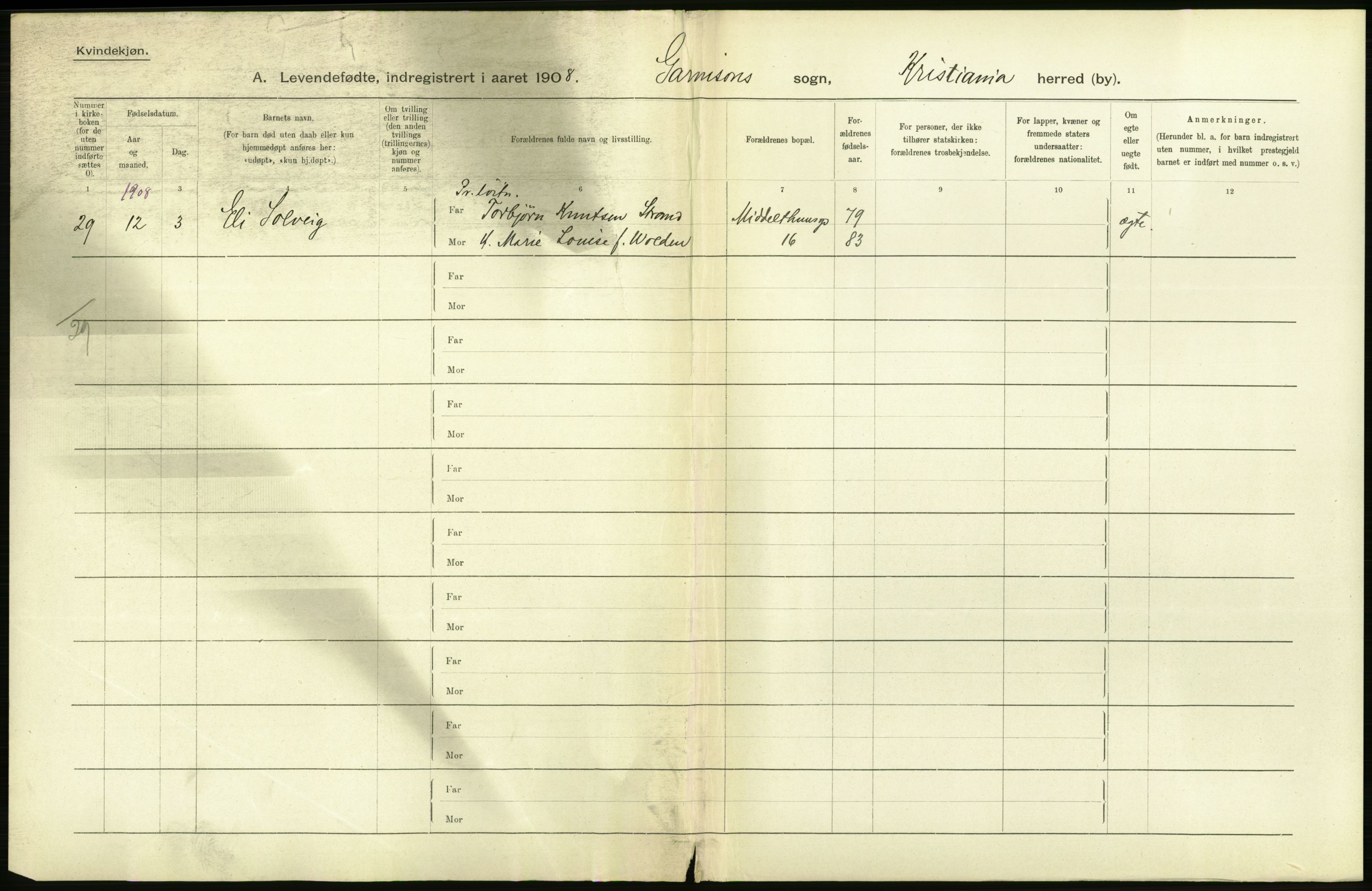 Statistisk sentralbyrå, Sosiodemografiske emner, Befolkning, AV/RA-S-2228/D/Df/Dfa/Dfaf/L0005: Kristiania: Levendefødte menn og kvinner., 1908, s. 468