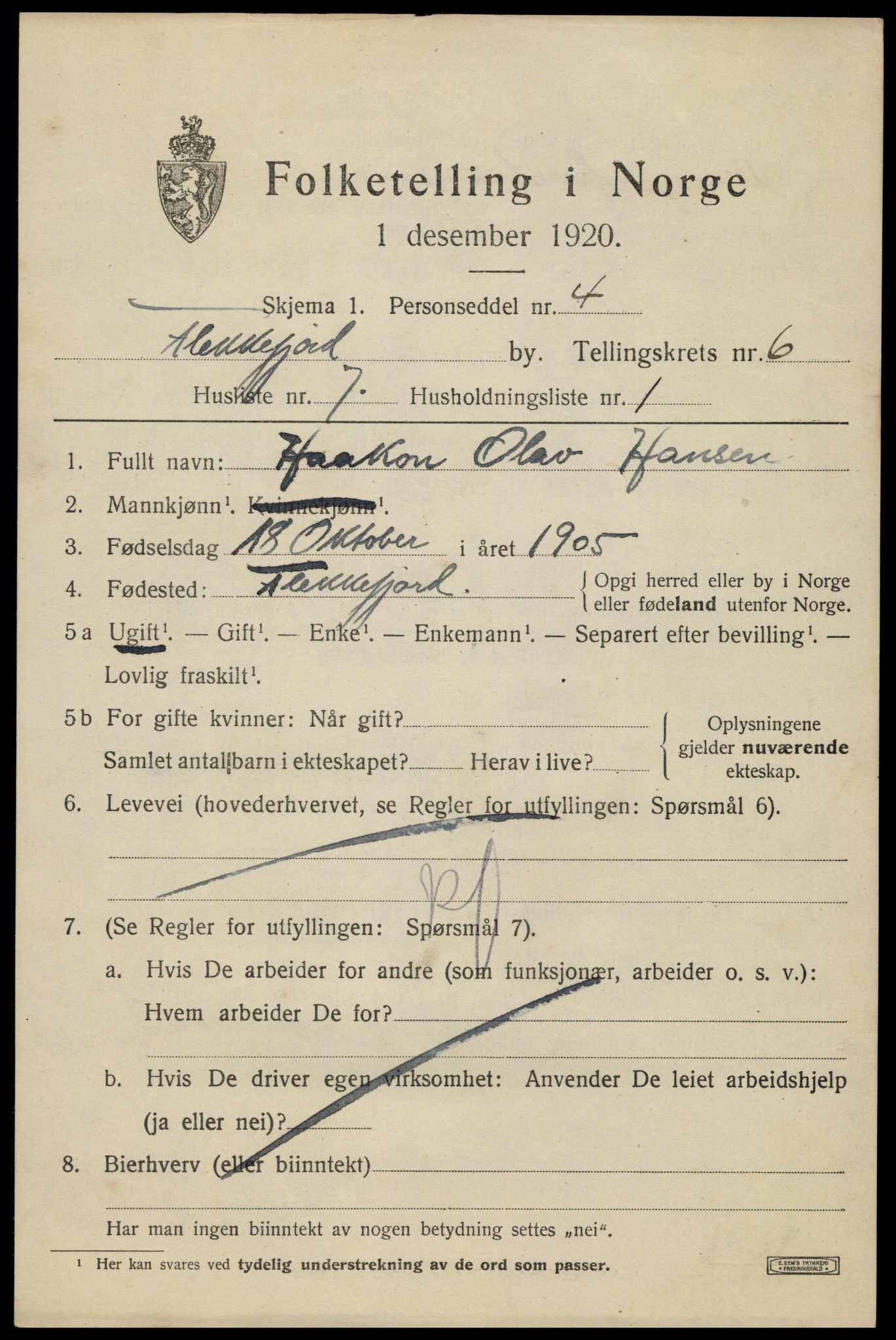 SAK, Folketelling 1920 for 1004 Flekkefjord kjøpstad, 1920, s. 5828