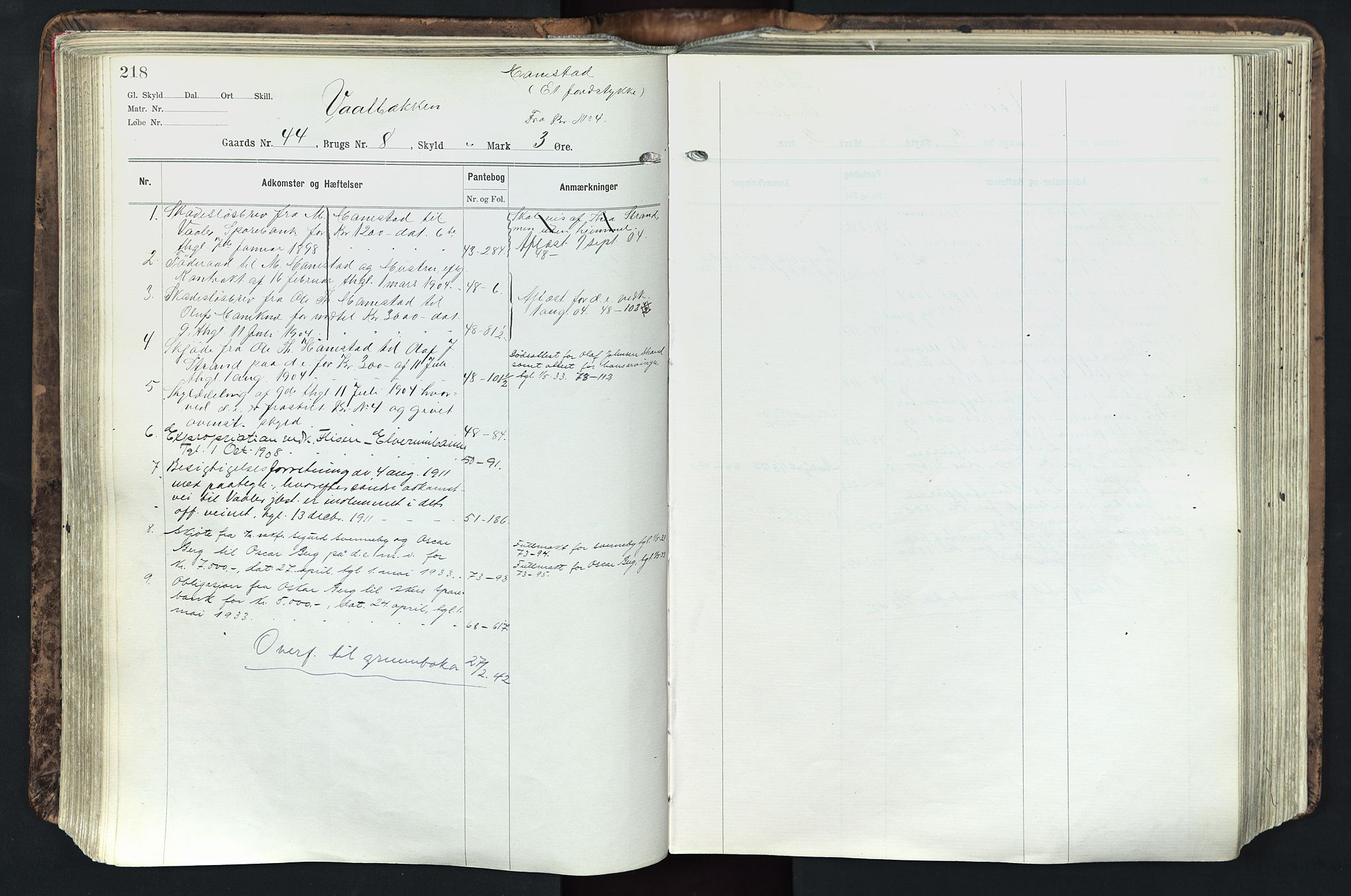 Solør tingrett, AV/SAH-TING-008/H/Ha/Hak/L0003: Panteregister nr. III, 1900-1935, s. 218