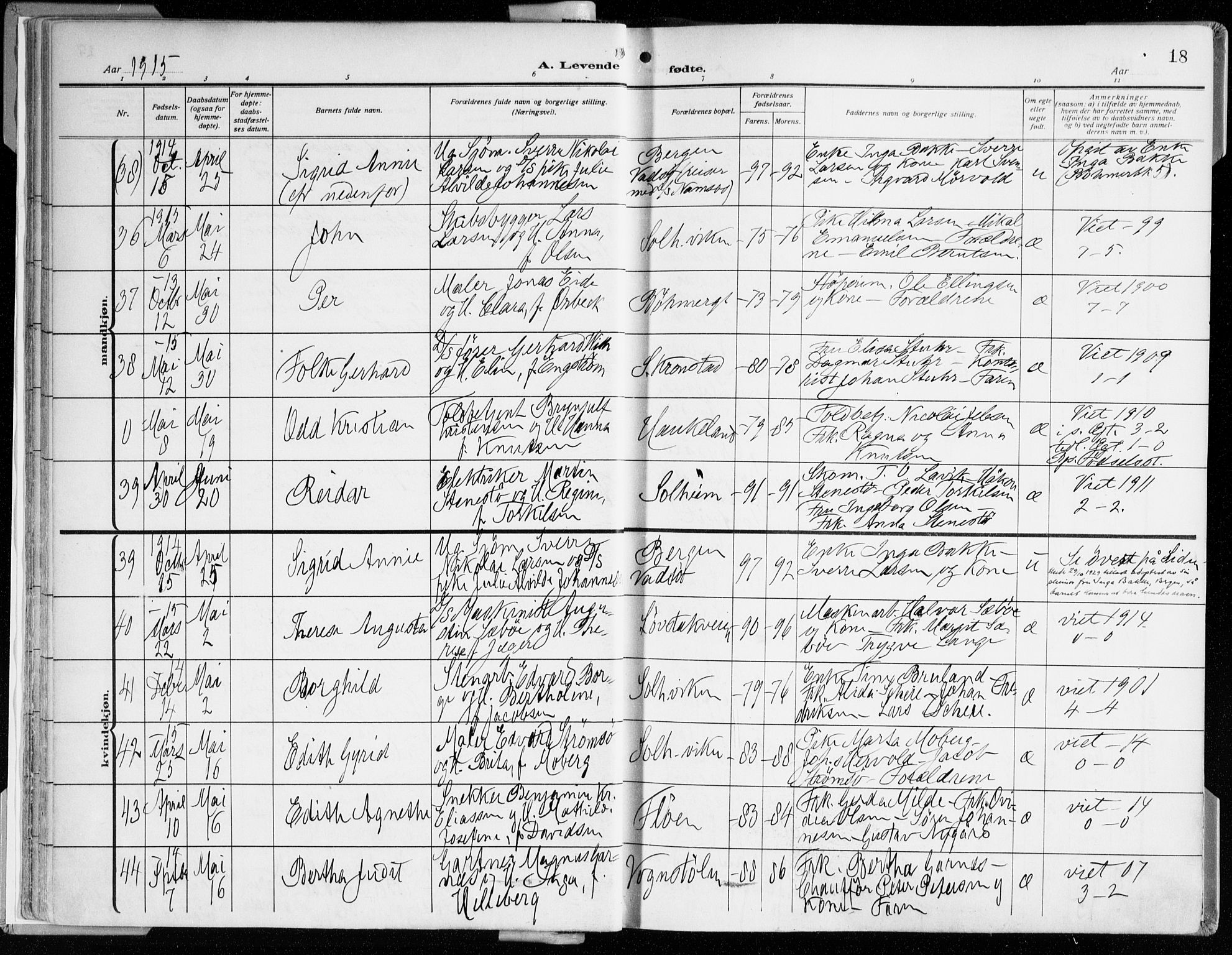 Årstad Sokneprestembete, AV/SAB-A-79301/H/Haa/L0003: Ministerialbok nr. A 3, 1914-1919, s. 18