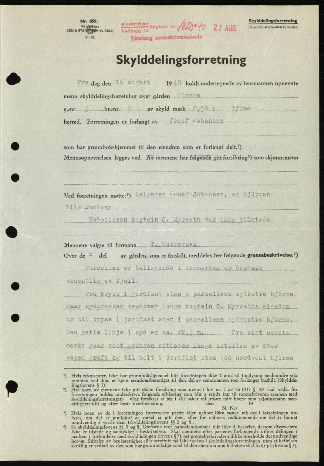 Tønsberg sorenskriveri, AV/SAKO-A-130/G/Ga/Gaa/L0009: Pantebok nr. A9, 1940-1941, Dagboknr: 1682/1940