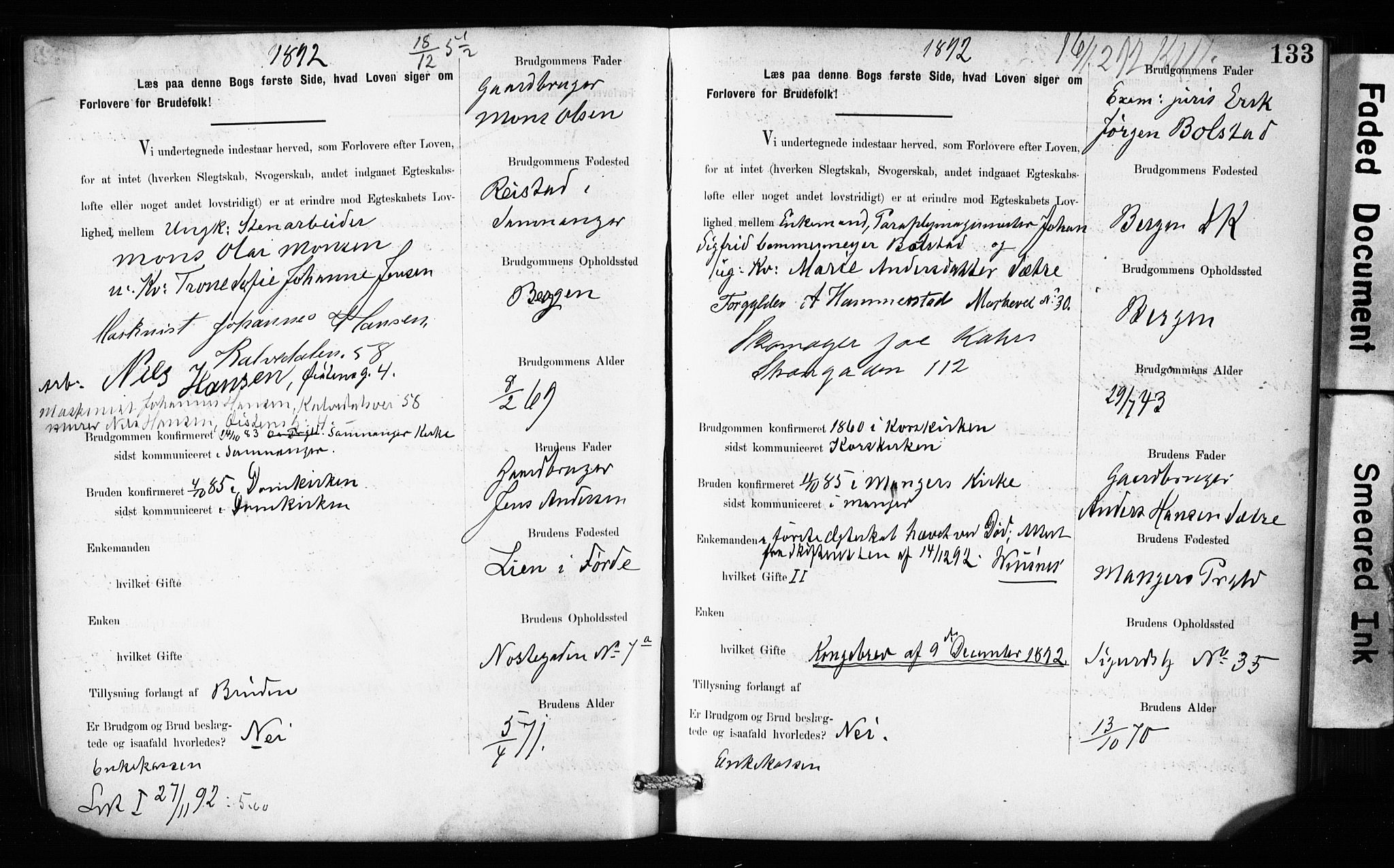 Domkirken sokneprestembete, SAB/A-74801: Forlovererklæringer nr. II.5.10, 1890-1899, s. 133