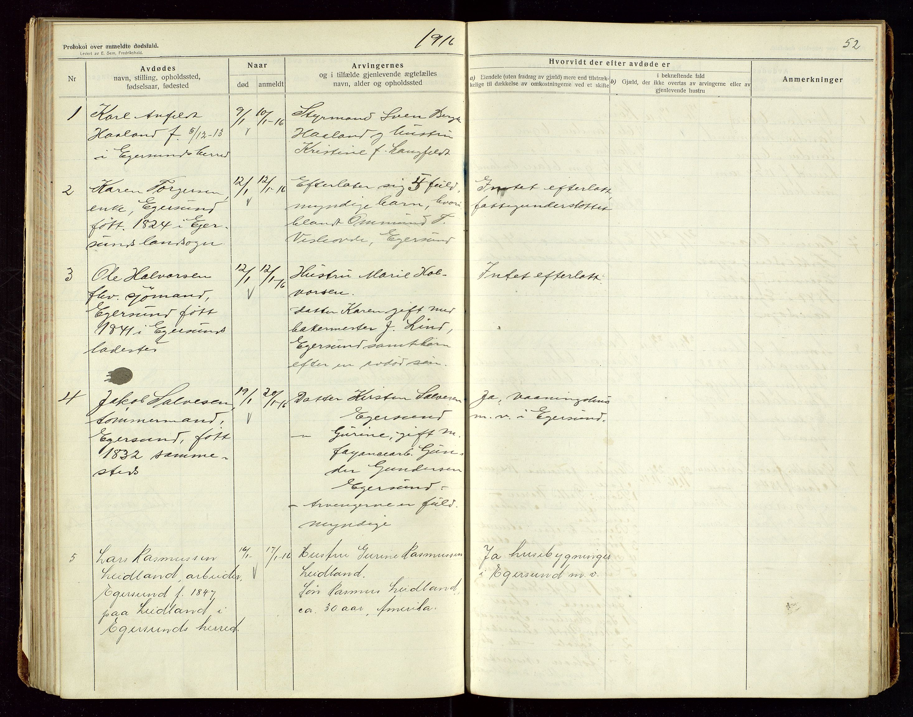 Eigersund lensmannskontor, AV/SAST-A-100171/Gga/L0006: "Protokol over anmeldte dødsfald" m/alfabetisk navneregister, 1914-1917, s. 52