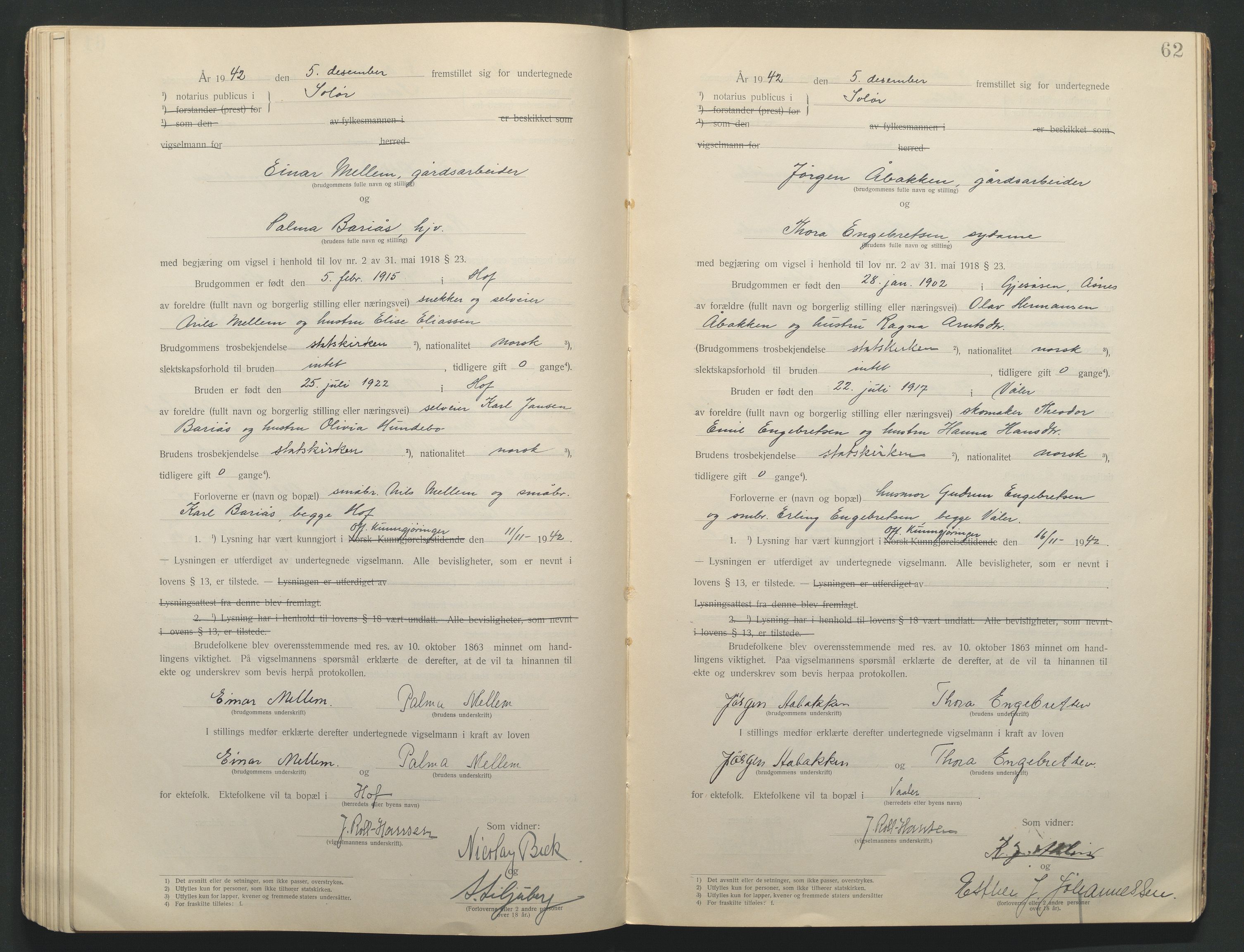 Solør tingrett, AV/SAH-TING-008/L/Lb/L0001: Vigselprotokoll, 1920-1943, s. 62