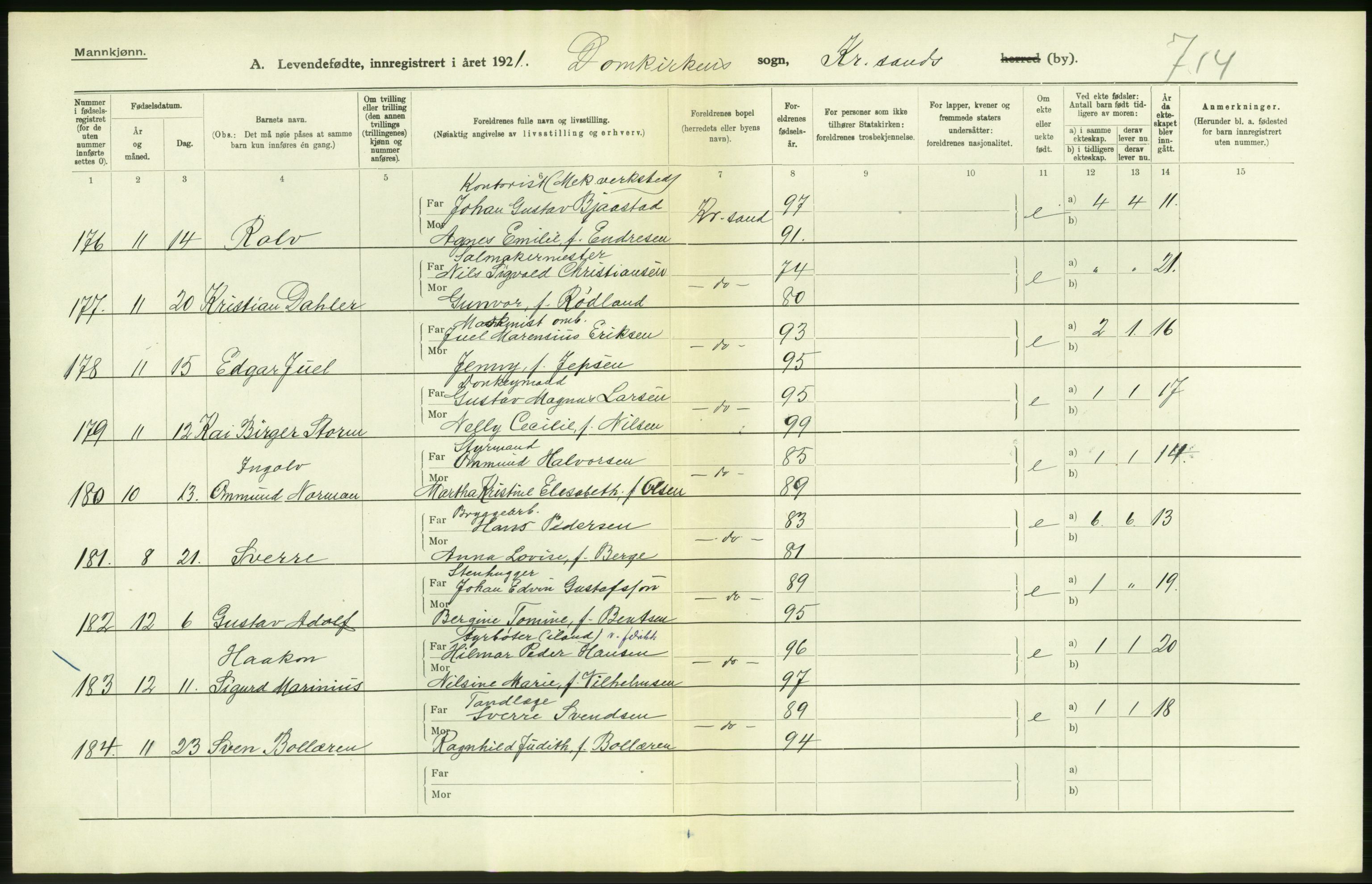 Statistisk sentralbyrå, Sosiodemografiske emner, Befolkning, AV/RA-S-2228/D/Df/Dfc/Dfca/L0026: Vest-Agder fylke: Levendefødte menn og kvinner. Bygder og byer., 1921, s. 338