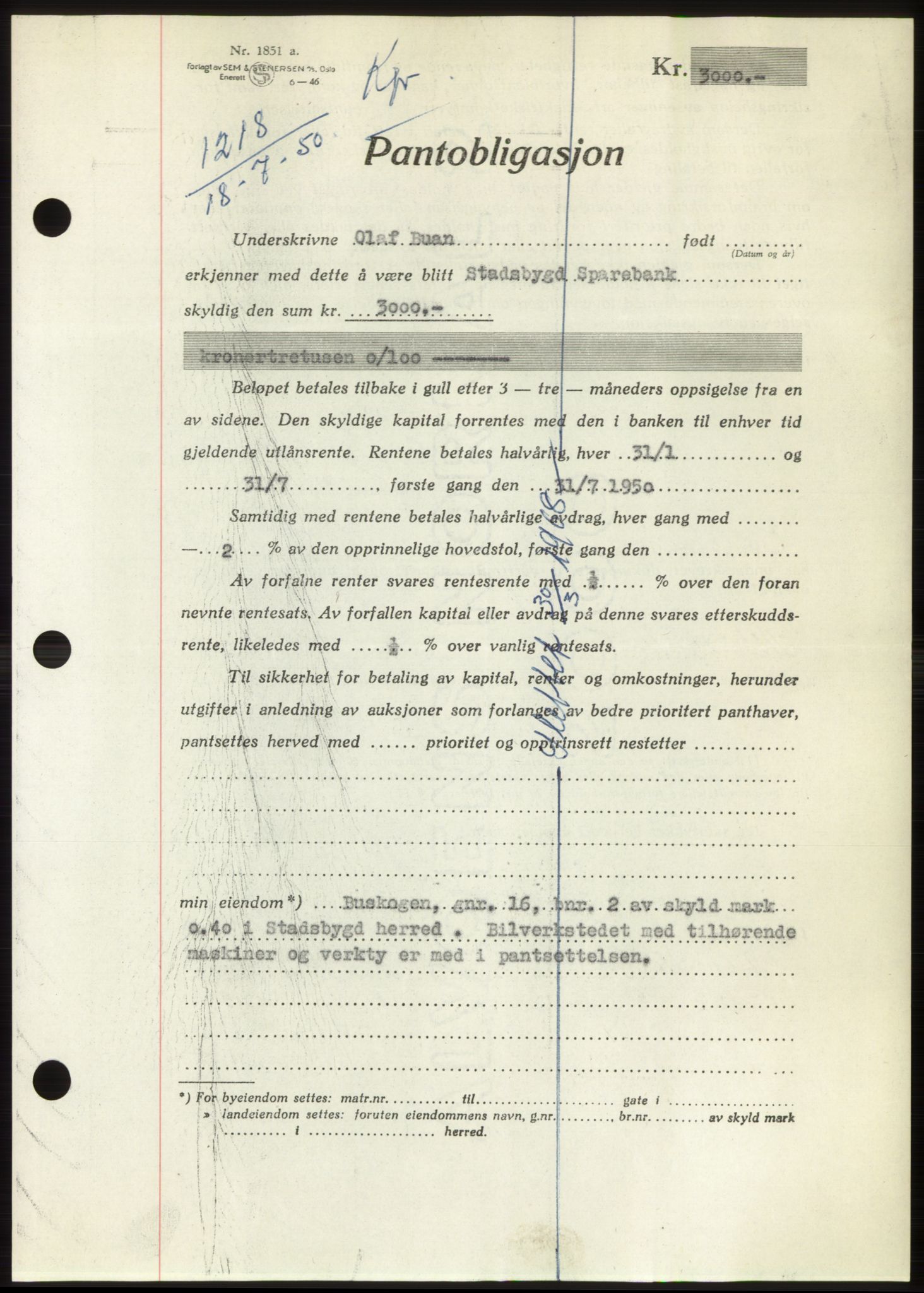 Fosen sorenskriveri, AV/SAT-A-1107/1/2/2C: Pantebok nr. B, 1948-1950, Dagboknr: 1218/1950