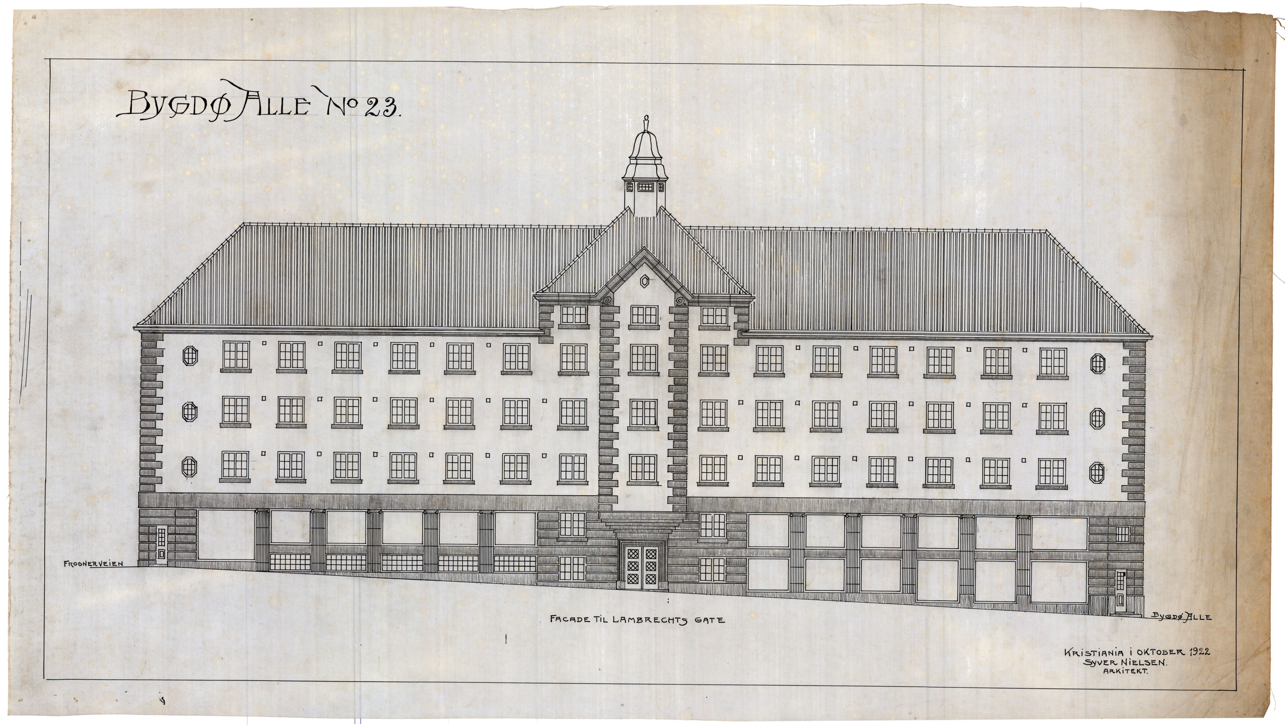 Syver Nielsen Arkitekt, OBA/A-70230/T/L0002/0002: Bygdøy allé 23, ikke gjennomført prosjekt for automobilhotell / Fasader, 1922, s. 1