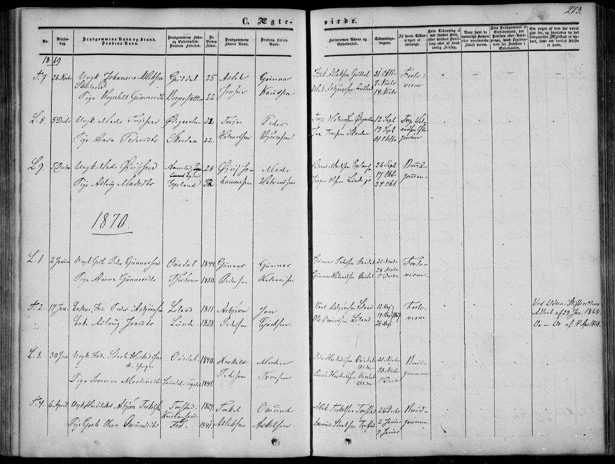 Sirdal sokneprestkontor, SAK/1111-0036/F/Fa/Fab/L0002: Ministerialbok nr. A 2, 1855-1874, s. 273