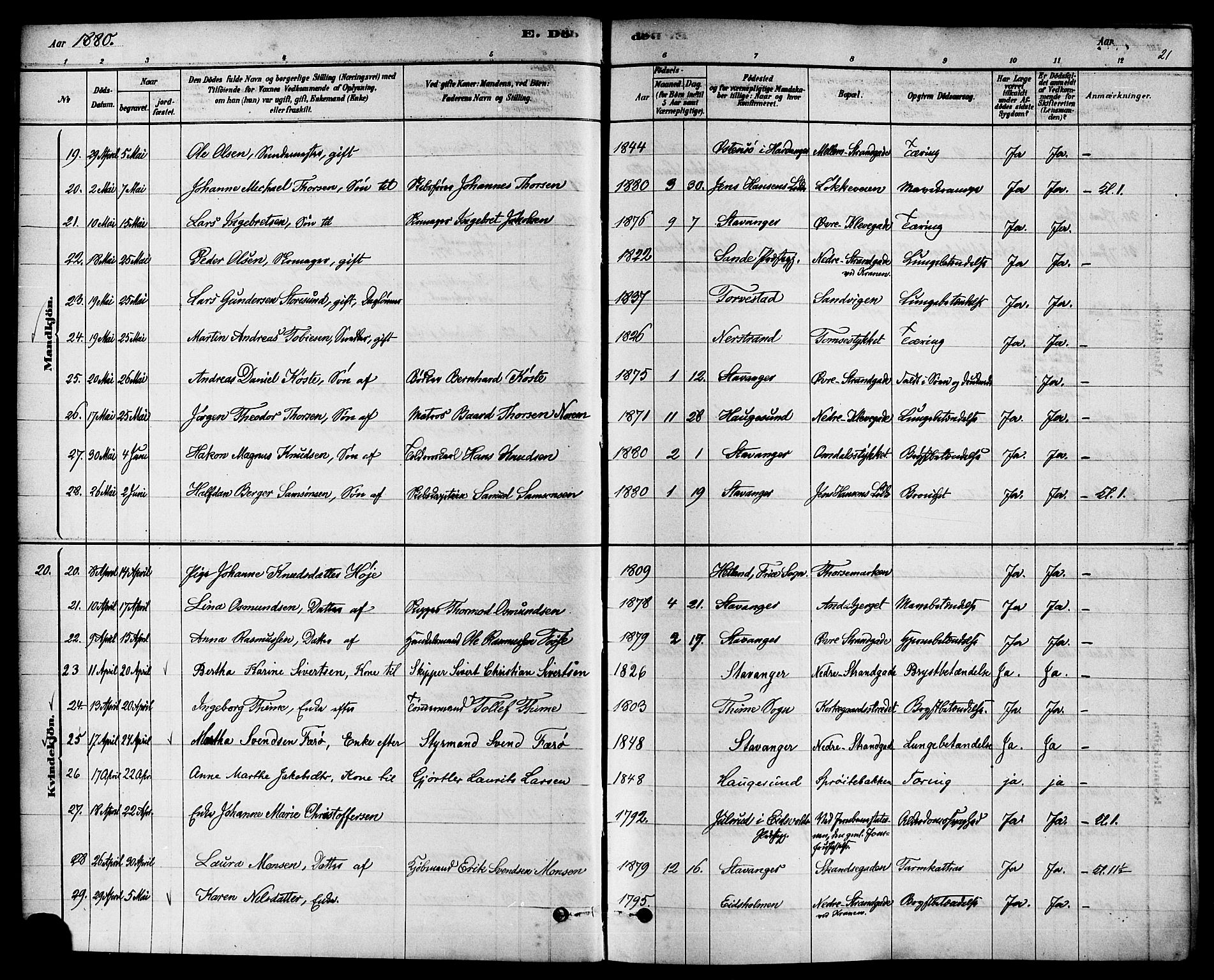 Domkirken sokneprestkontor, AV/SAST-A-101812/001/30/30BA/L0027: Ministerialbok nr. A 26, 1878-1896, s. 21