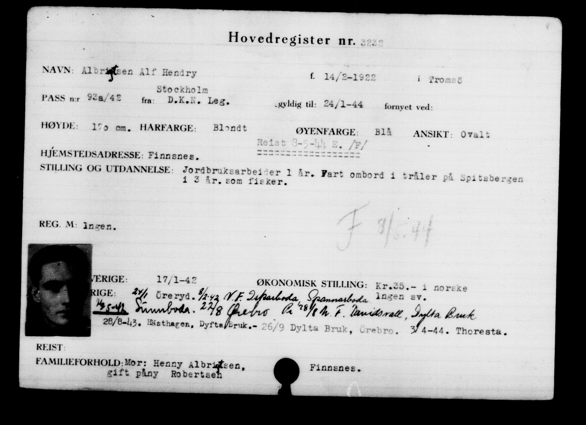Utenriksstasjonene, Legasjonen i Stockholm, Flyktningkontoret, AV/RA-S-6753/V/Va/L0003: Kjesäterkartoteket, flyktninger med registreringsnr. 2001-3495, 1940-1945, s. 1694
