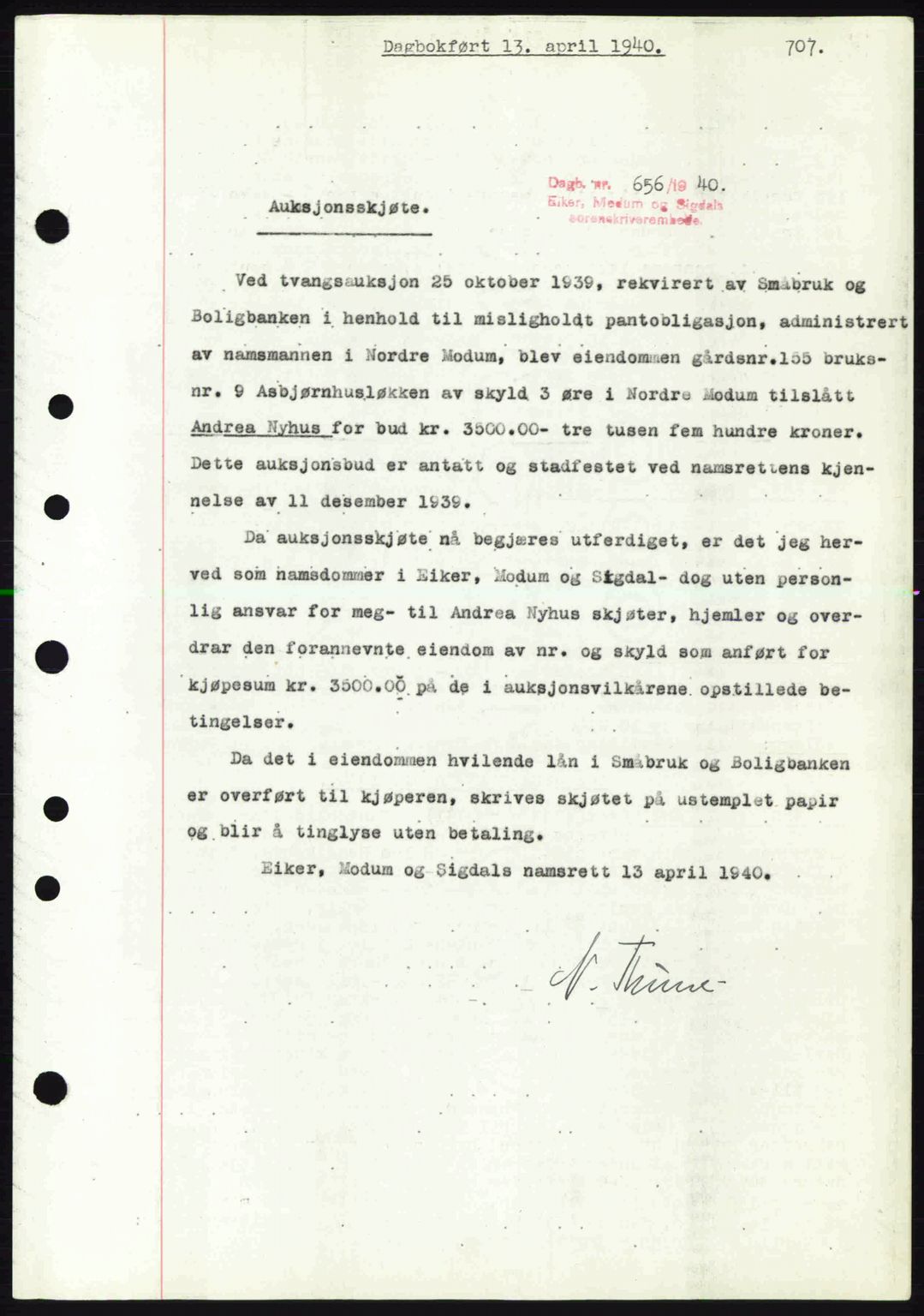 Eiker, Modum og Sigdal sorenskriveri, SAKO/A-123/G/Ga/Gab/L0041: Pantebok nr. A11, 1939-1940, Dagboknr: 656/1940