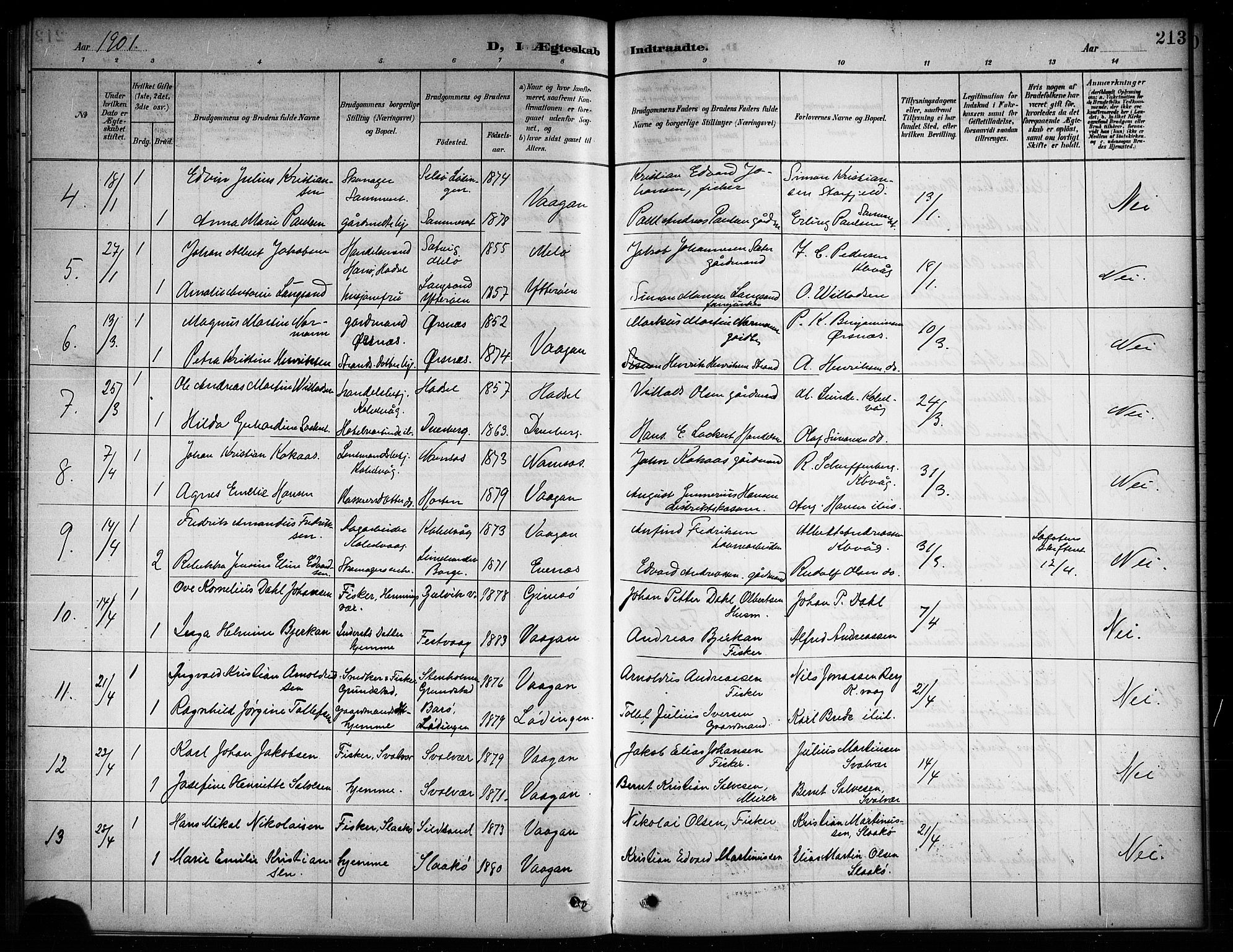 Ministerialprotokoller, klokkerbøker og fødselsregistre - Nordland, AV/SAT-A-1459/874/L1078: Klokkerbok nr. 874C07, 1900-1907, s. 213