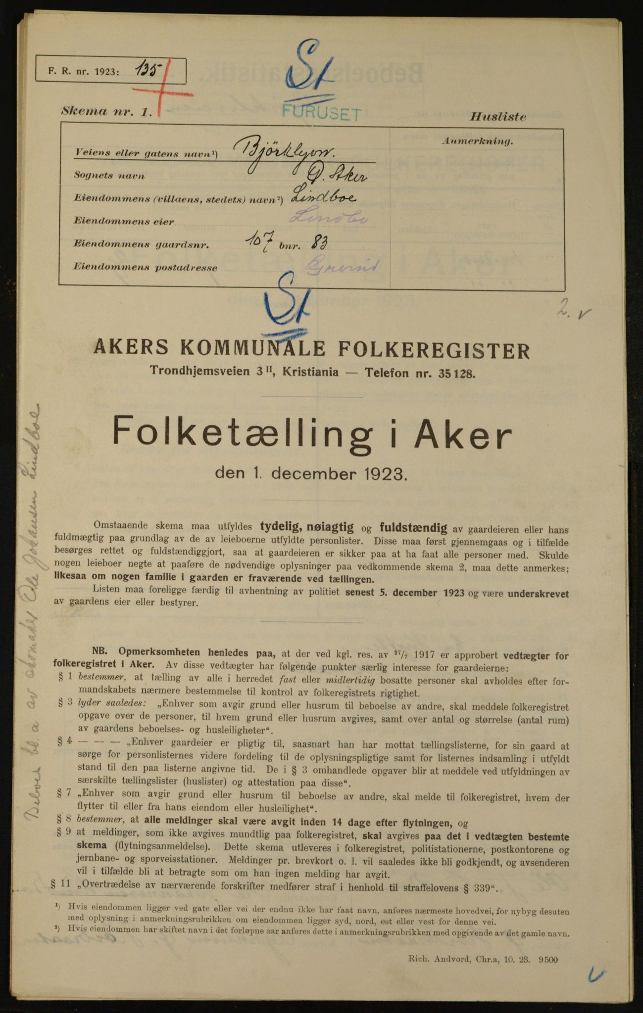 , Kommunal folketelling 1.12.1923 for Aker, 1923, s. 23041