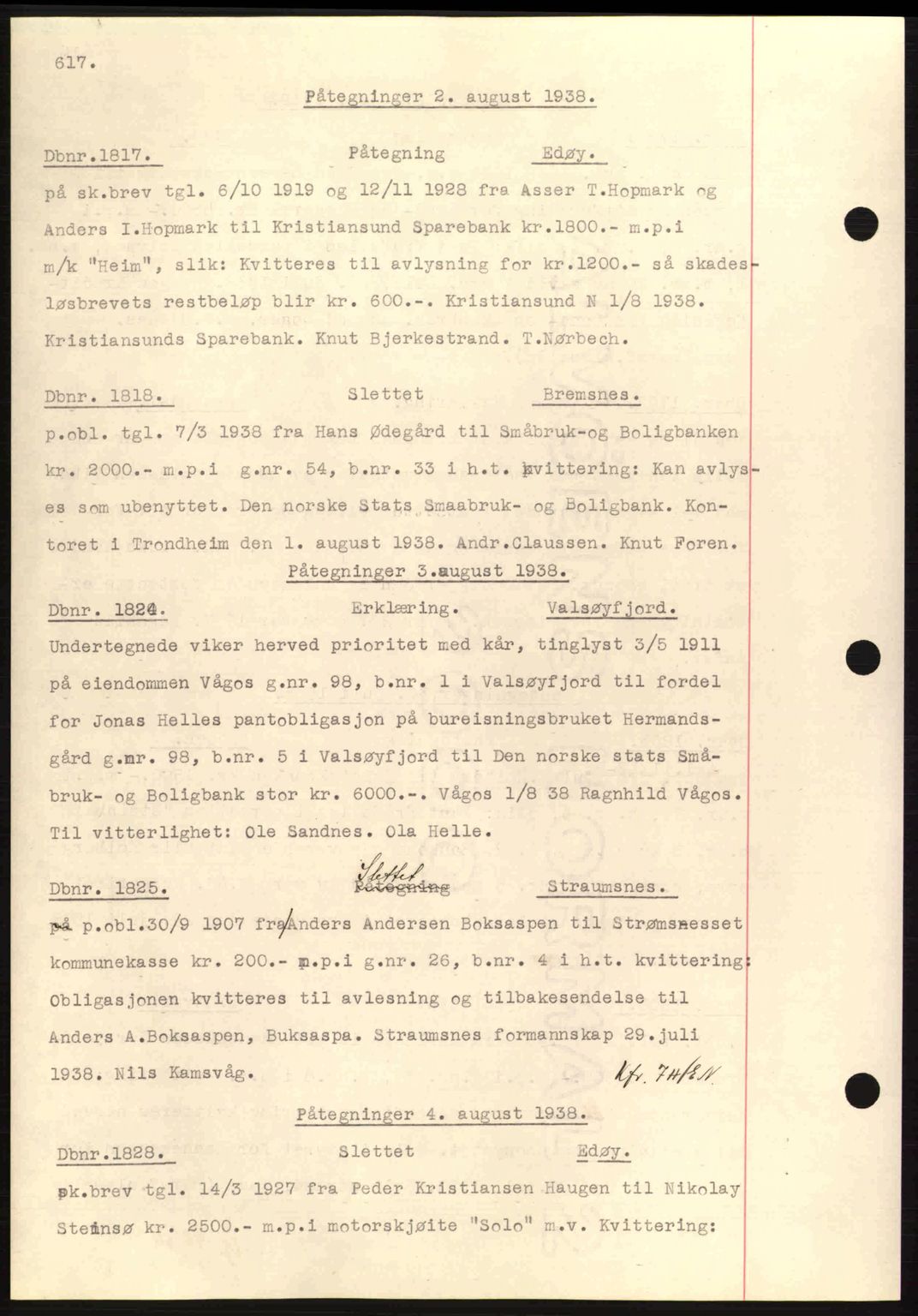 Nordmøre sorenskriveri, SAT/A-4132/1/2/2Ca: Pantebok nr. C80, 1936-1939, Dagboknr: 1817/1938