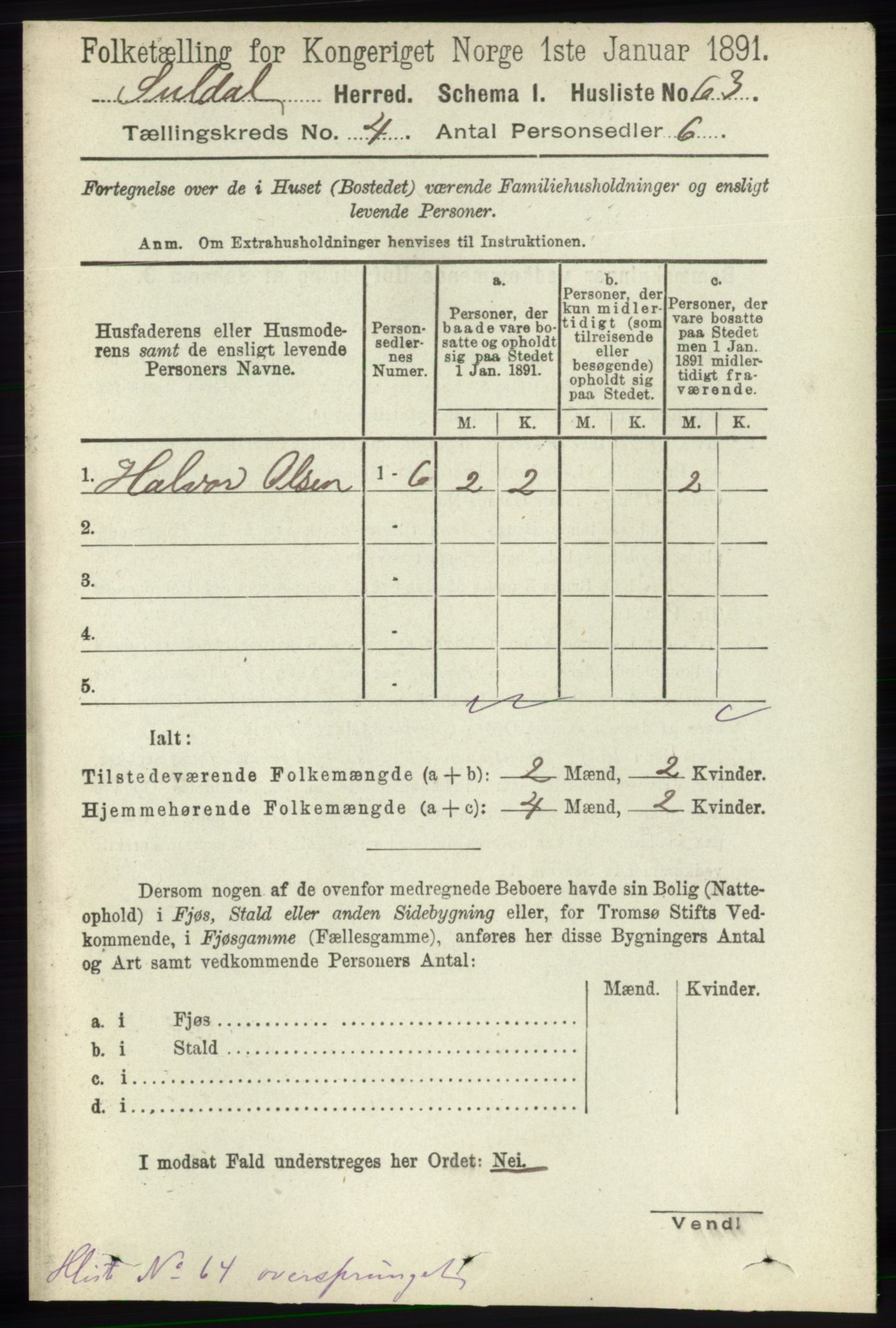 RA, Folketelling 1891 for 1134 Suldal herred, 1891, s. 819