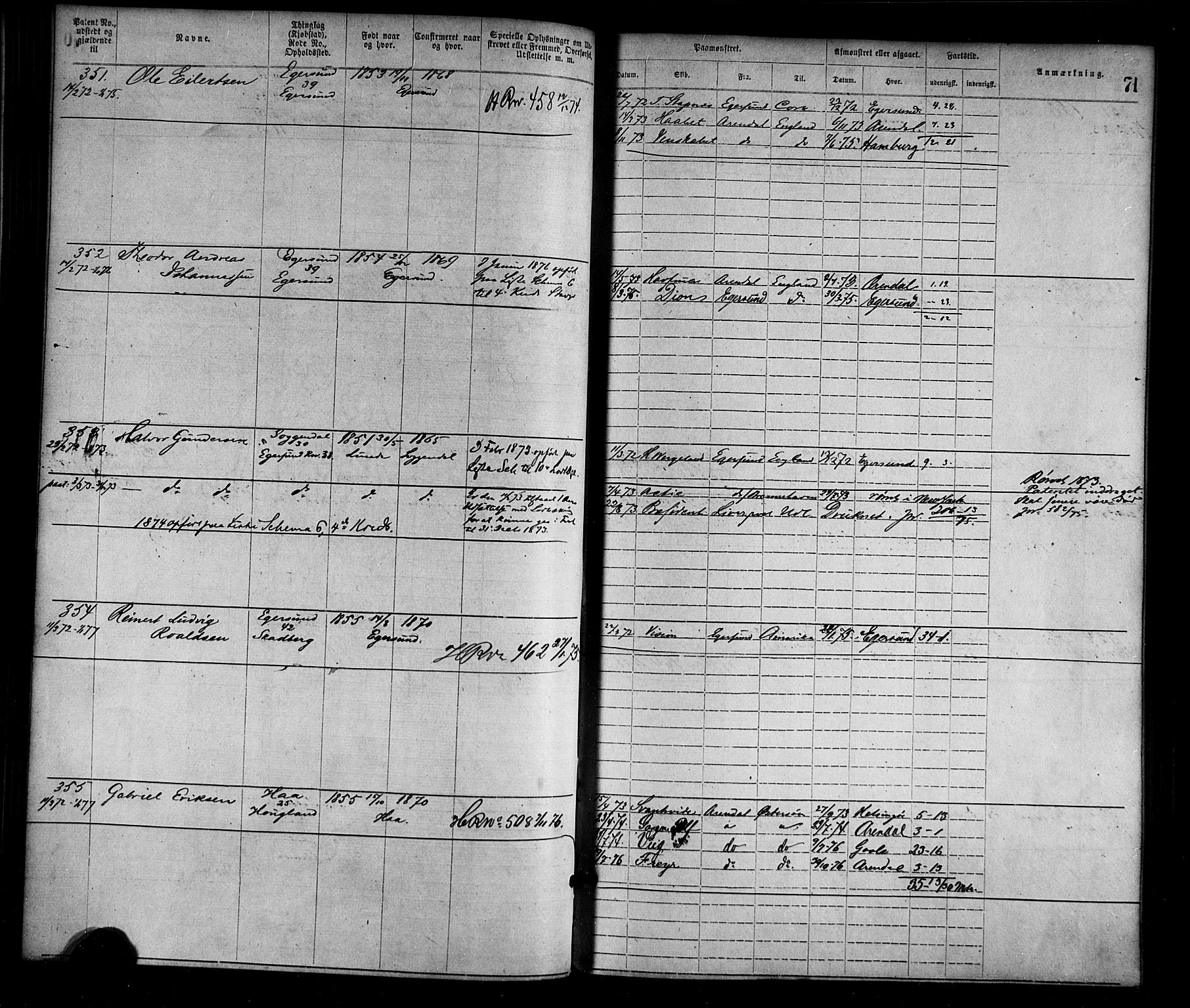 Egersund mønstringskrets, SAK/2031-0019/F/Fa/L0001: Annotasjonsrulle nr 1-1440 med register, O-1, 1869-1895, s. 87