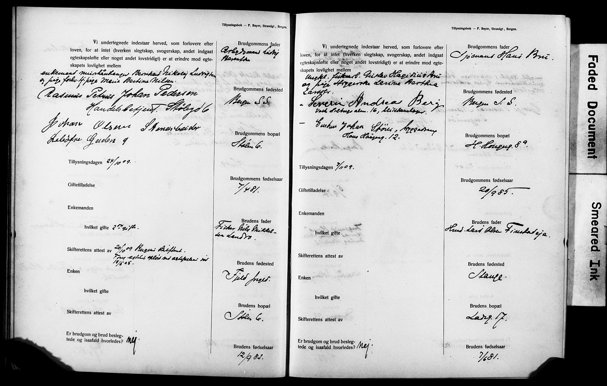 Mariakirken Sokneprestembete, AV/SAB-A-76901: Forlovererklæringer nr. II.5.3, 1909-1917, s. 9