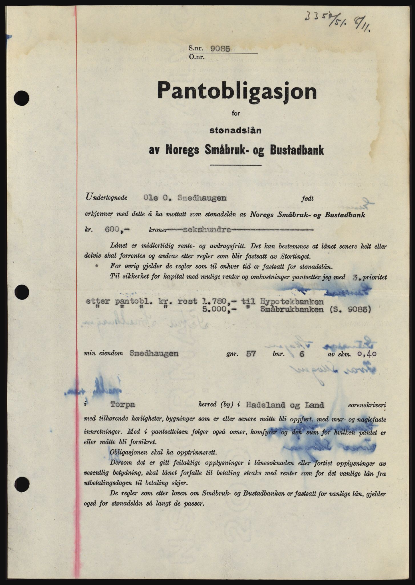 Hadeland og Land tingrett, SAH/TING-010/H/Hb/Hbc/L0022: Pantebok nr. B22, 1951-1951, Dagboknr: 3357/1951