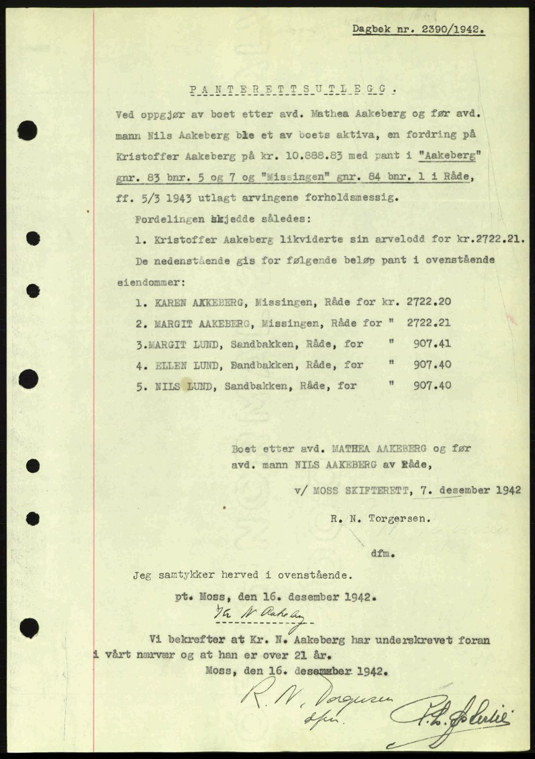 Moss sorenskriveri, SAO/A-10168: Pantebok nr. A10, 1942-1943, Dagboknr: 2391/1942