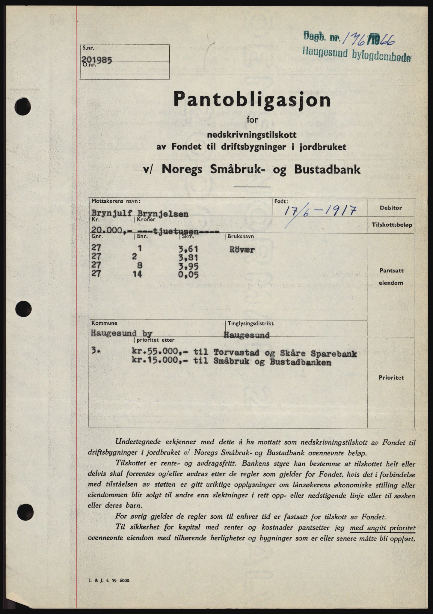 Haugesund tingrett, SAST/A-101415/01/II/IIC/L0054: Pantebok nr. B 54, 1965-1966, Dagboknr: 176/1966