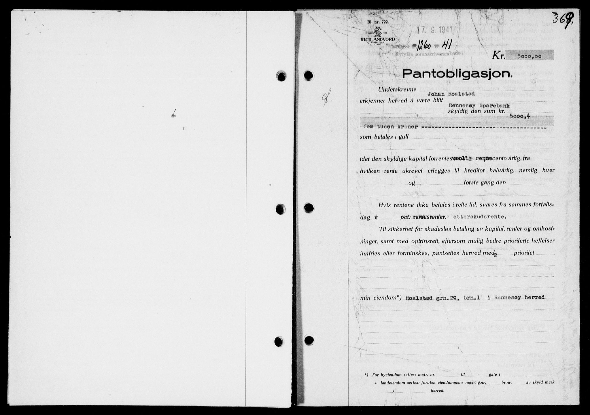 Ryfylke tingrett, SAST/A-100055/001/II/IIB/L0083: Pantebok nr. 62, 1941-1941, Dagboknr: 1260/1941