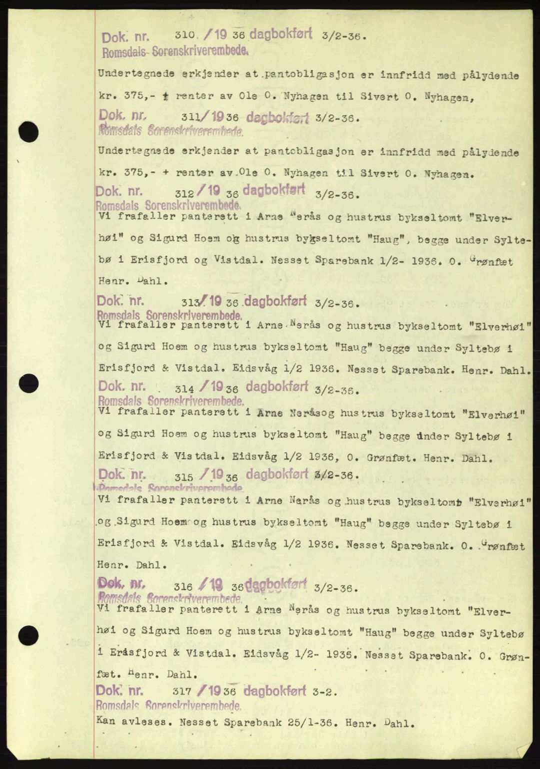Romsdal sorenskriveri, AV/SAT-A-4149/1/2/2C: Pantebok nr. C1a, 1936-1945, Dagboknr: 310/1936