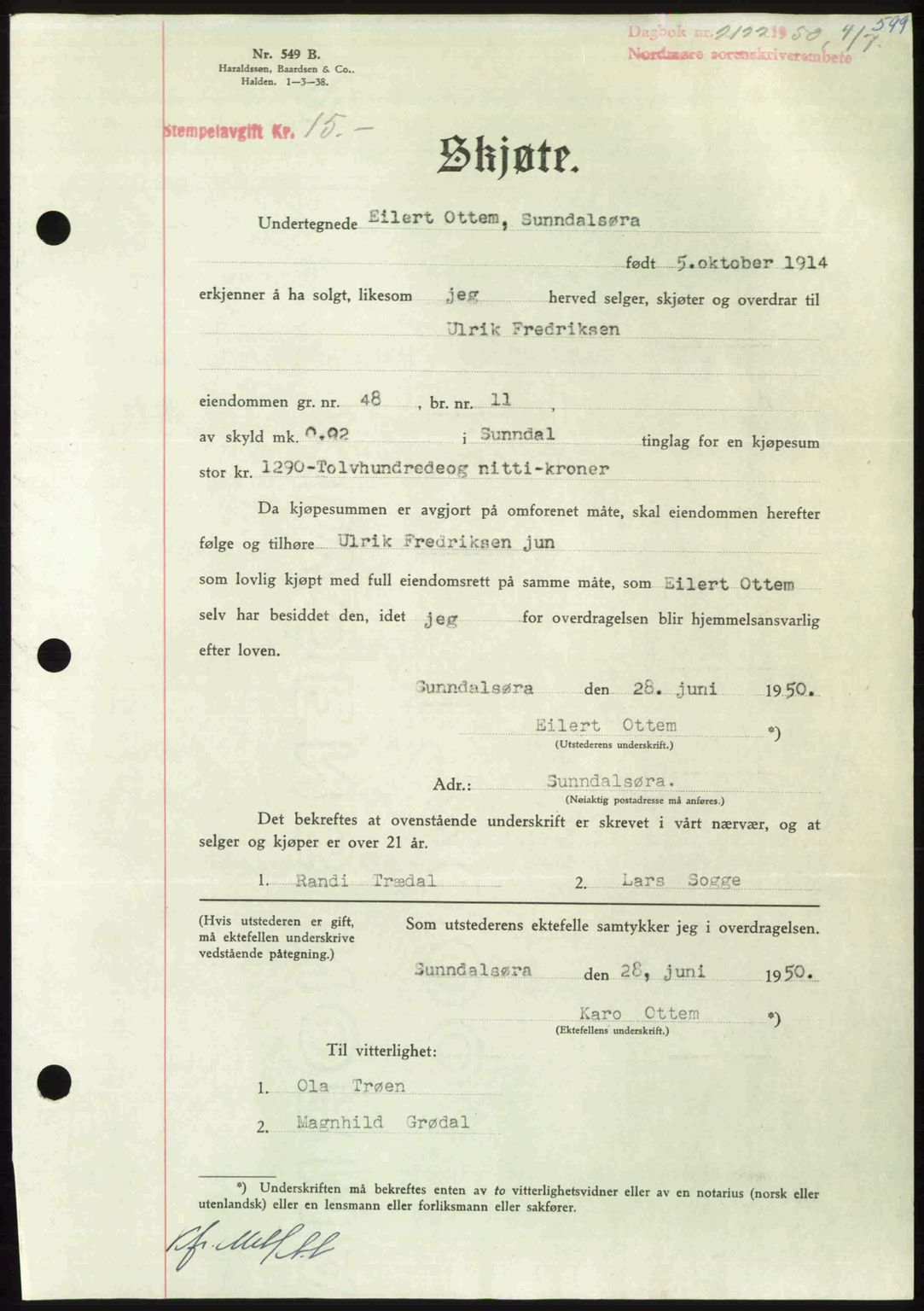 Nordmøre sorenskriveri, SAT/A-4132/1/2/2Ca: Pantebok nr. A115, 1950-1950, Dagboknr: 2122/1950