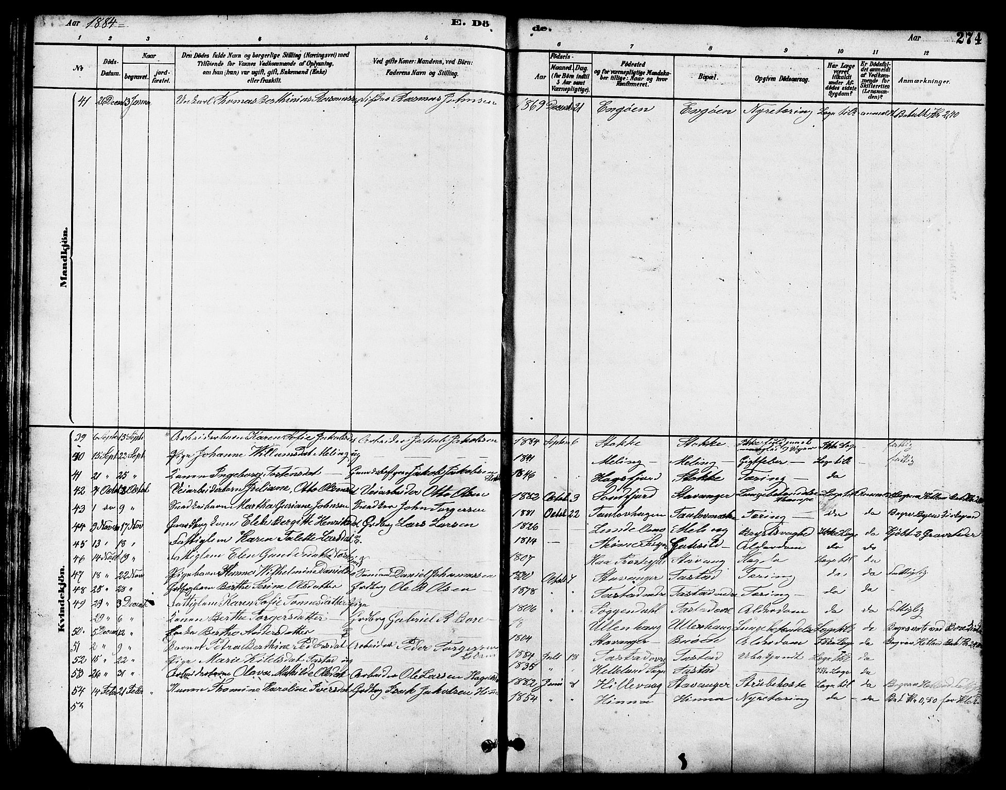 Hetland sokneprestkontor, AV/SAST-A-101826/30/30BB/L0005: Klokkerbok nr. B 5, 1878-1910, s. 274