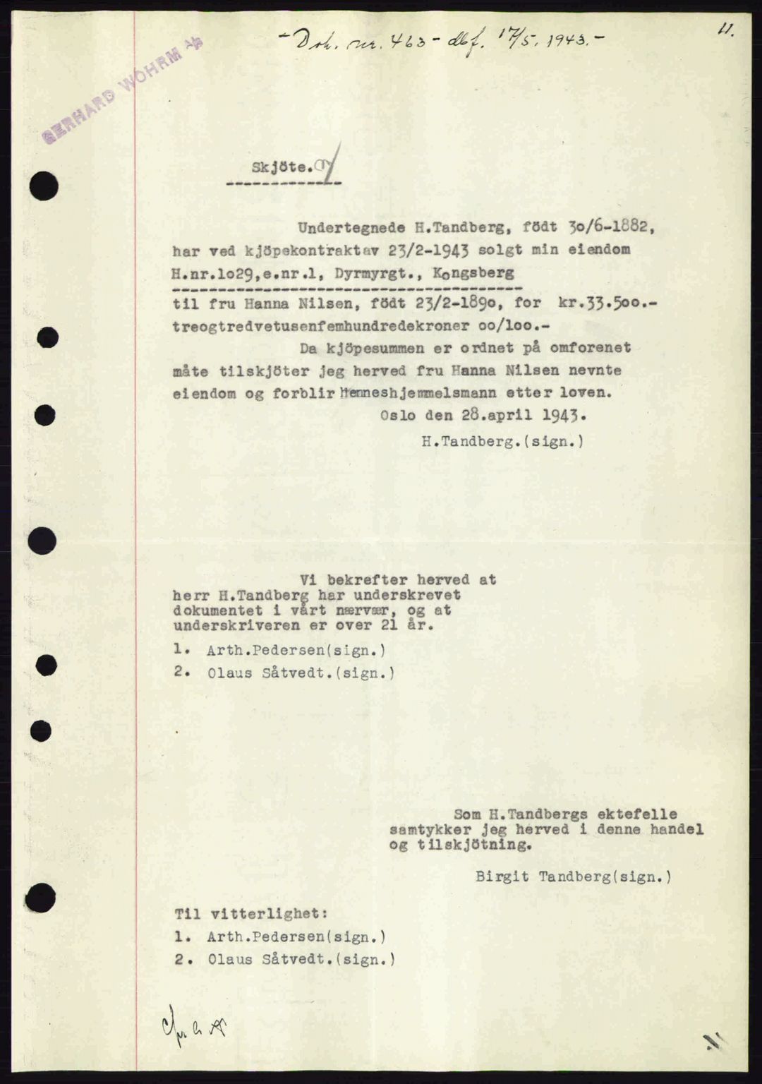 Numedal og Sandsvær sorenskriveri, SAKO/A-128/G/Ga/Gaa/L0055: Pantebok nr. A7, 1943-1944, Dagboknr: 463/1943